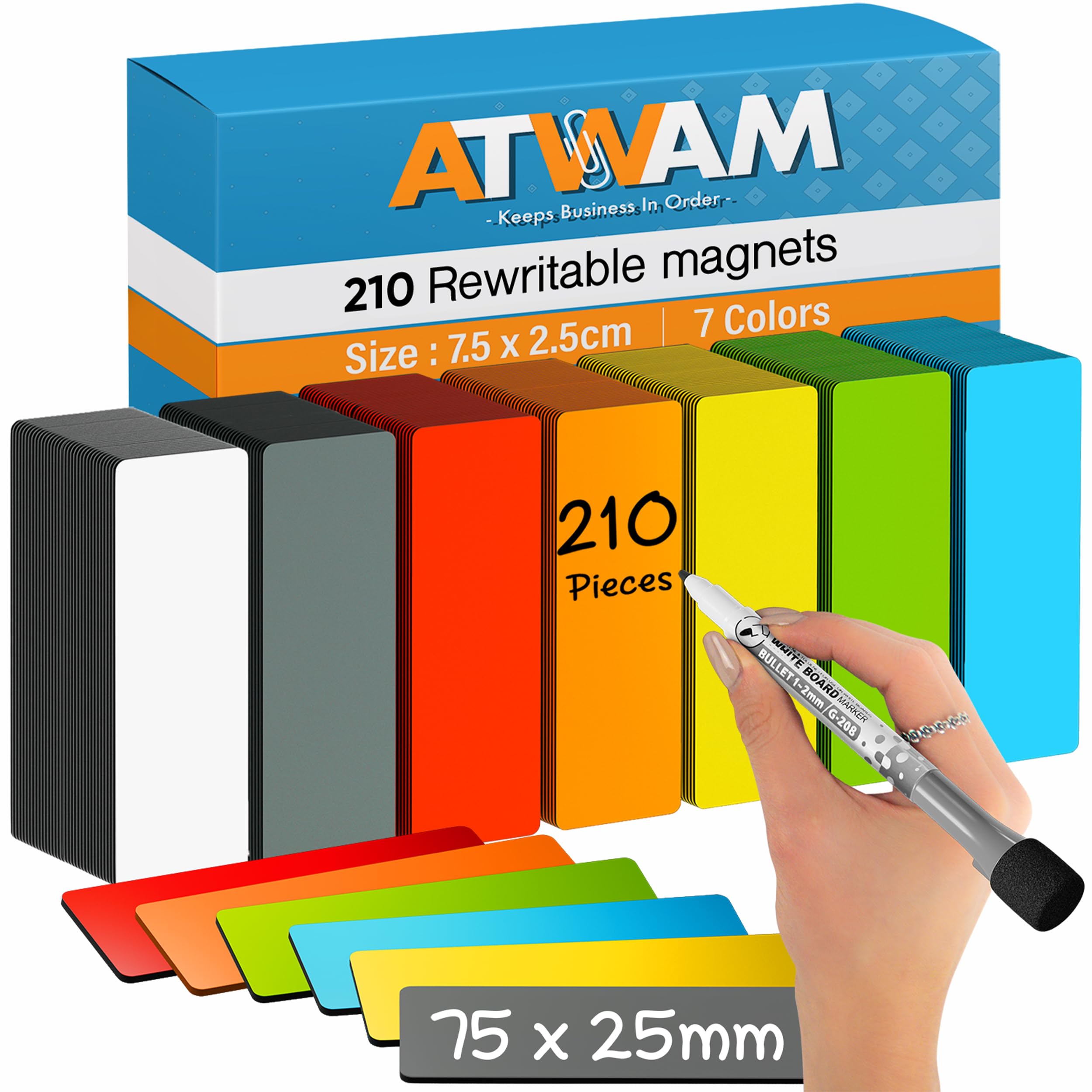 ATWAM 210 Magnetic Strips writable - Magnetic Labels 75 x 25mm - 7 Colors - Scrum & Kanban - Magnetic Notes - Whiteboard Strips for Magnetic Board, Magnetic Wall & Fridge