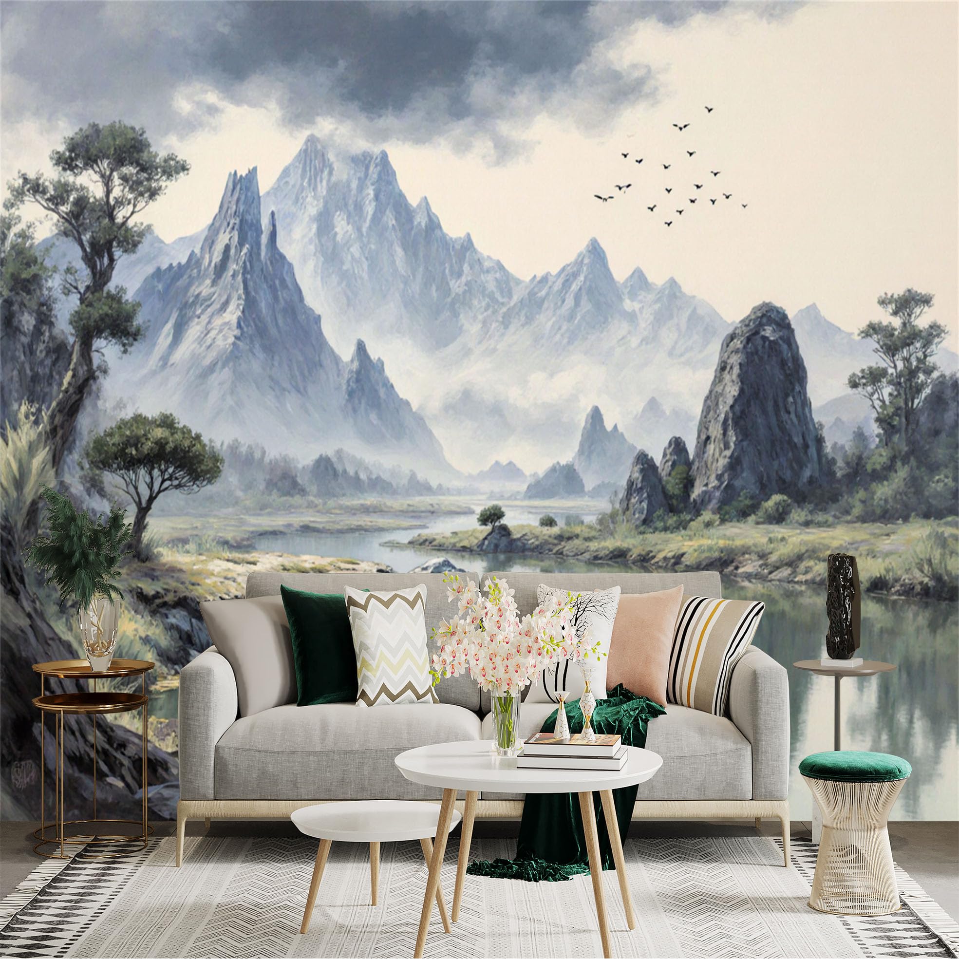 Lnzczhyre Xc260505734 Custom Size Wall Sticker Mural， Majestic Mountain Range， Calm River Landscape， Misty Forest Scenery， Flying Birds， For Wall Decoration， Peelandstick Wall Decals.