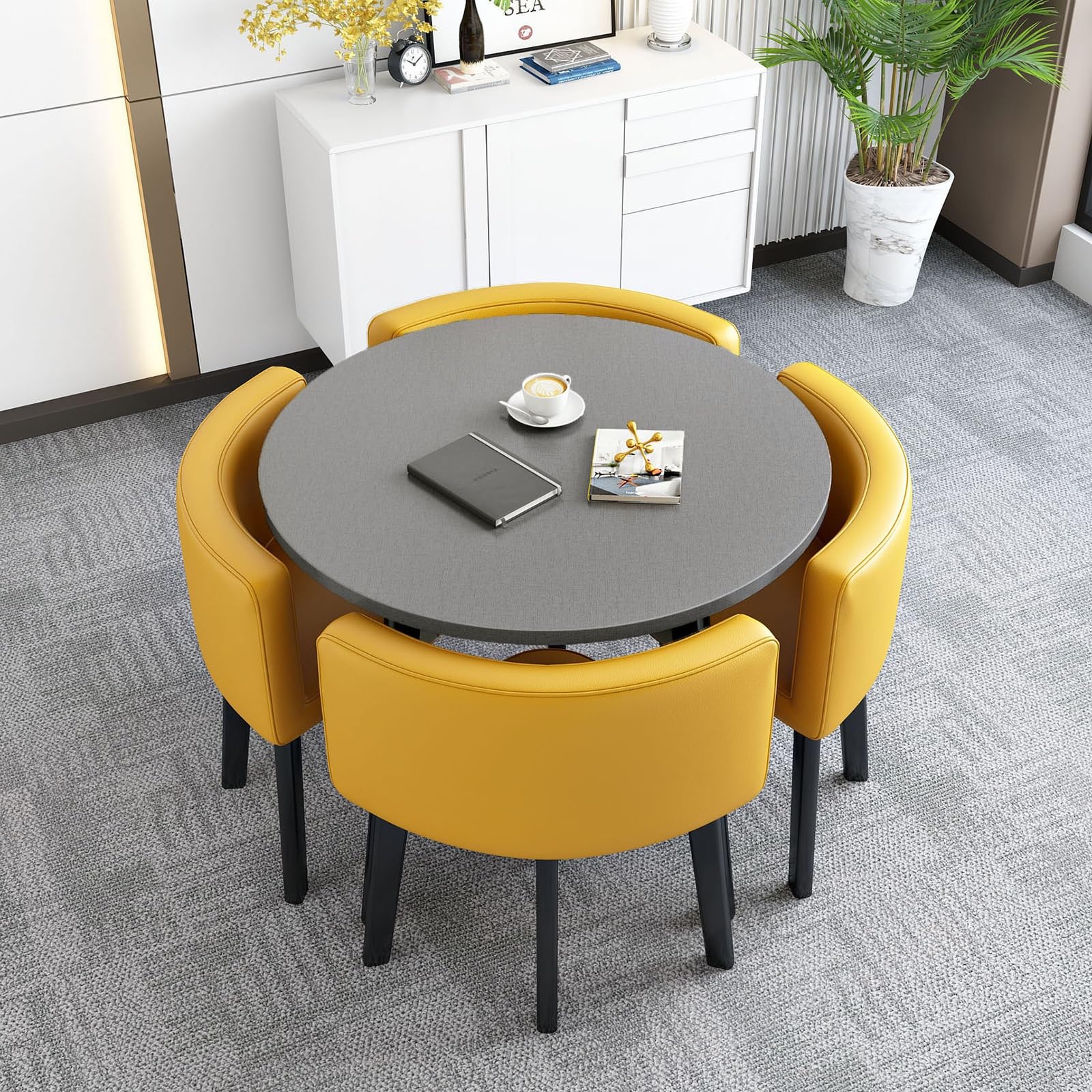 WOTZOV Modern Round Dining Table Set For 4 Upholstered Chairs Space-Saving Kitchen & Living Room Table Casual Reception Room Furniture Ensemble,Yellow 70cm/27.5in