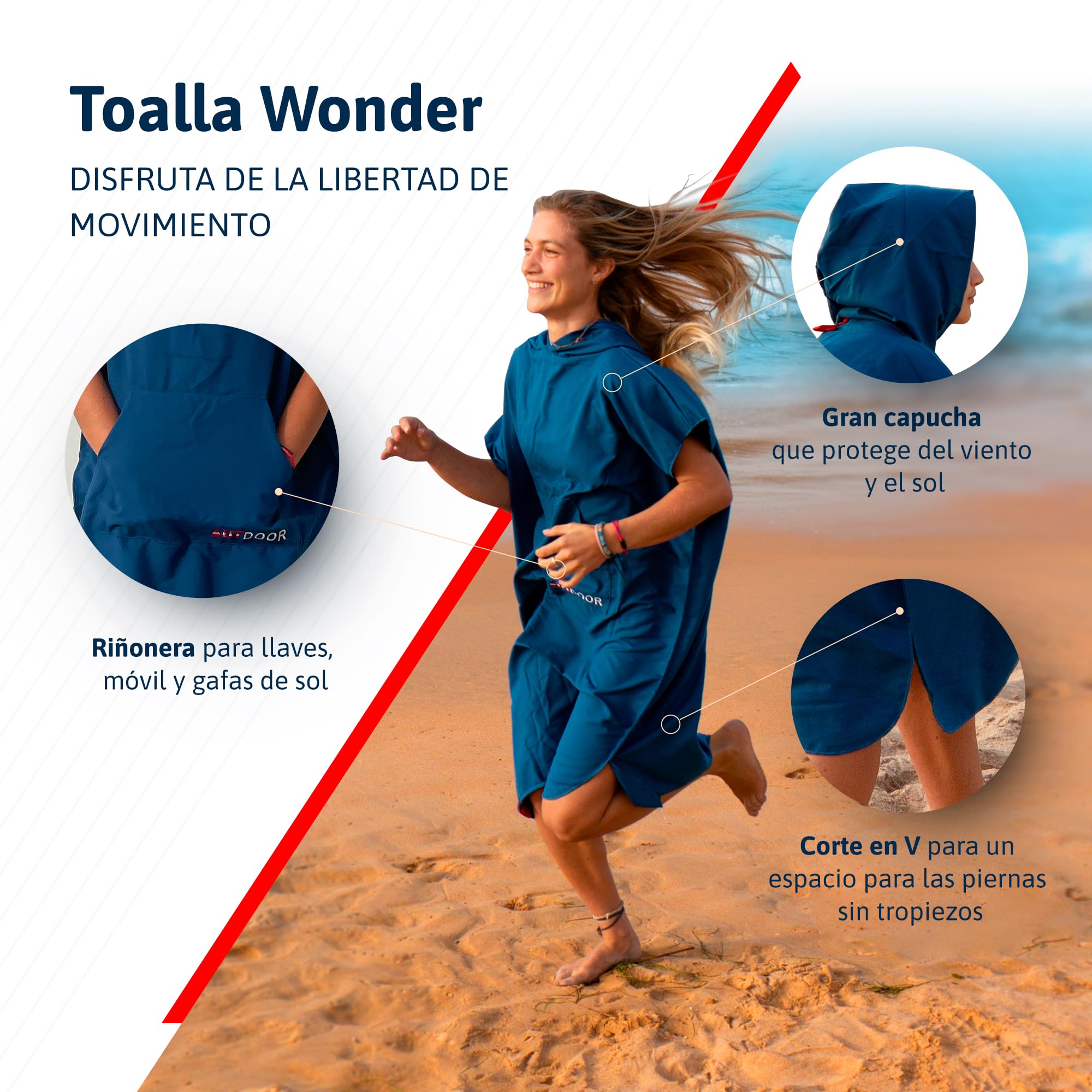 AUTDOOR® Poncho Surf - Fabricado a Partir de Botellas de plástico recicladas - Toalla de Piscina compacta, Ligera y de Secado rápido Ideal para natación y Deportes acuáticos (Azul, Mediano)