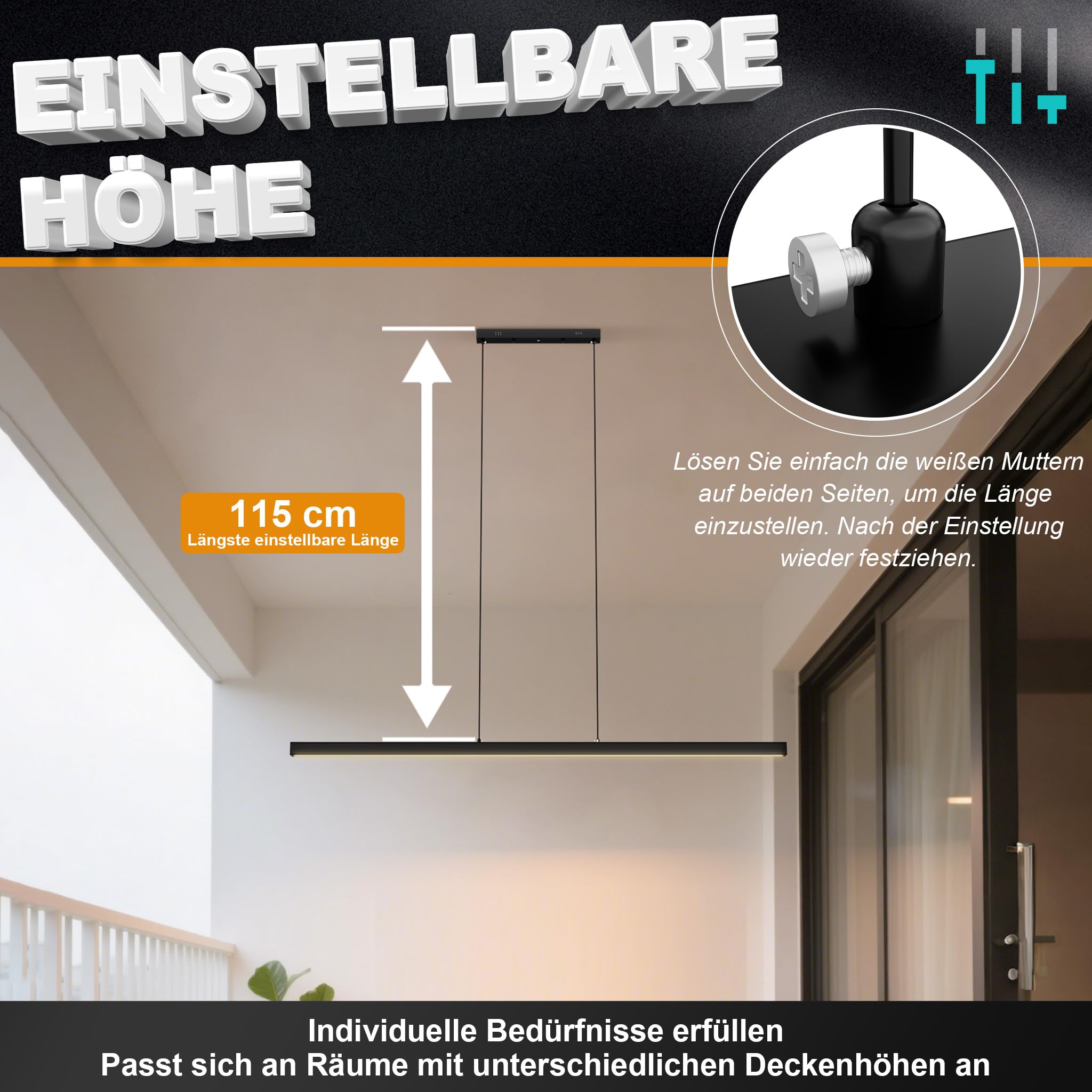 UISEBRT Moderne Pendelleuchte Schwarz 150cm, LED Hängeleuchte Hängend für Wohnzimmer, Deckenlampe Hängend 60W, Höhenverstellbar bis 115cm, Esszimmerlampe, Linear Design - Warmes Licht