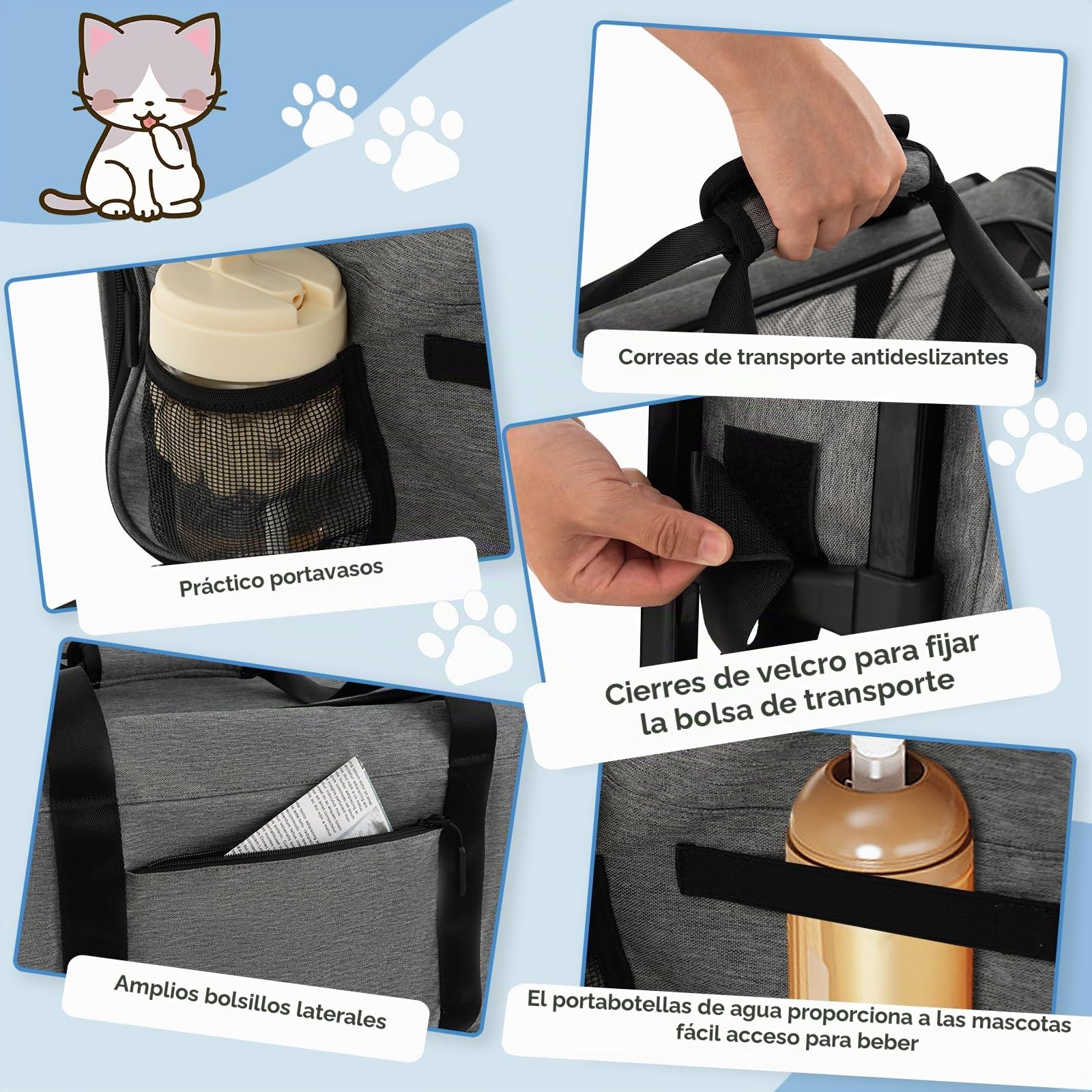 GYMAX Transportín Portatil Mochila para Gatos, Carrito para Mascotas con Asa Telescópica, Bolsa de Transporte, Bolsa de Transporte de Viaje para Mascotas Pequeñas y Medianas, Gris