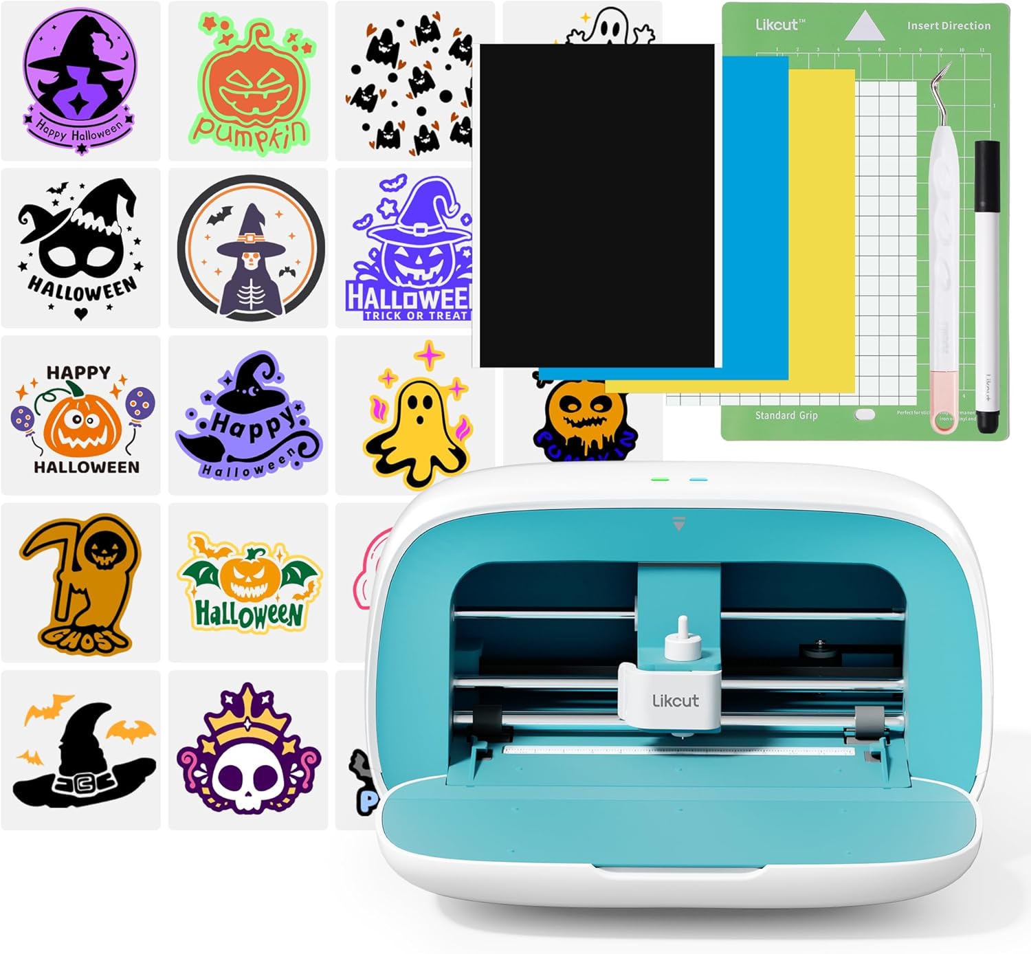 Likcut Glee S501 Vinyl Cutter Machine with various Halloween-themed cutouts and crafting tools.