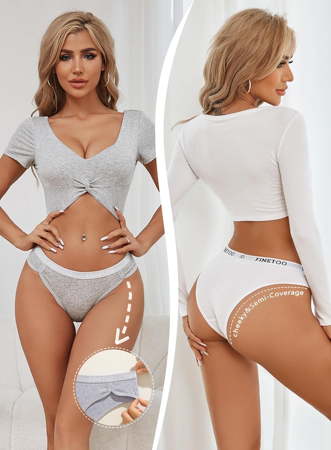 FINETOO Cotton Underwear for Women Cheeky Panties Sexy Hipster Bikini Underwear Elastic Waistband Stretch Briefs 5 Pack - Image 2