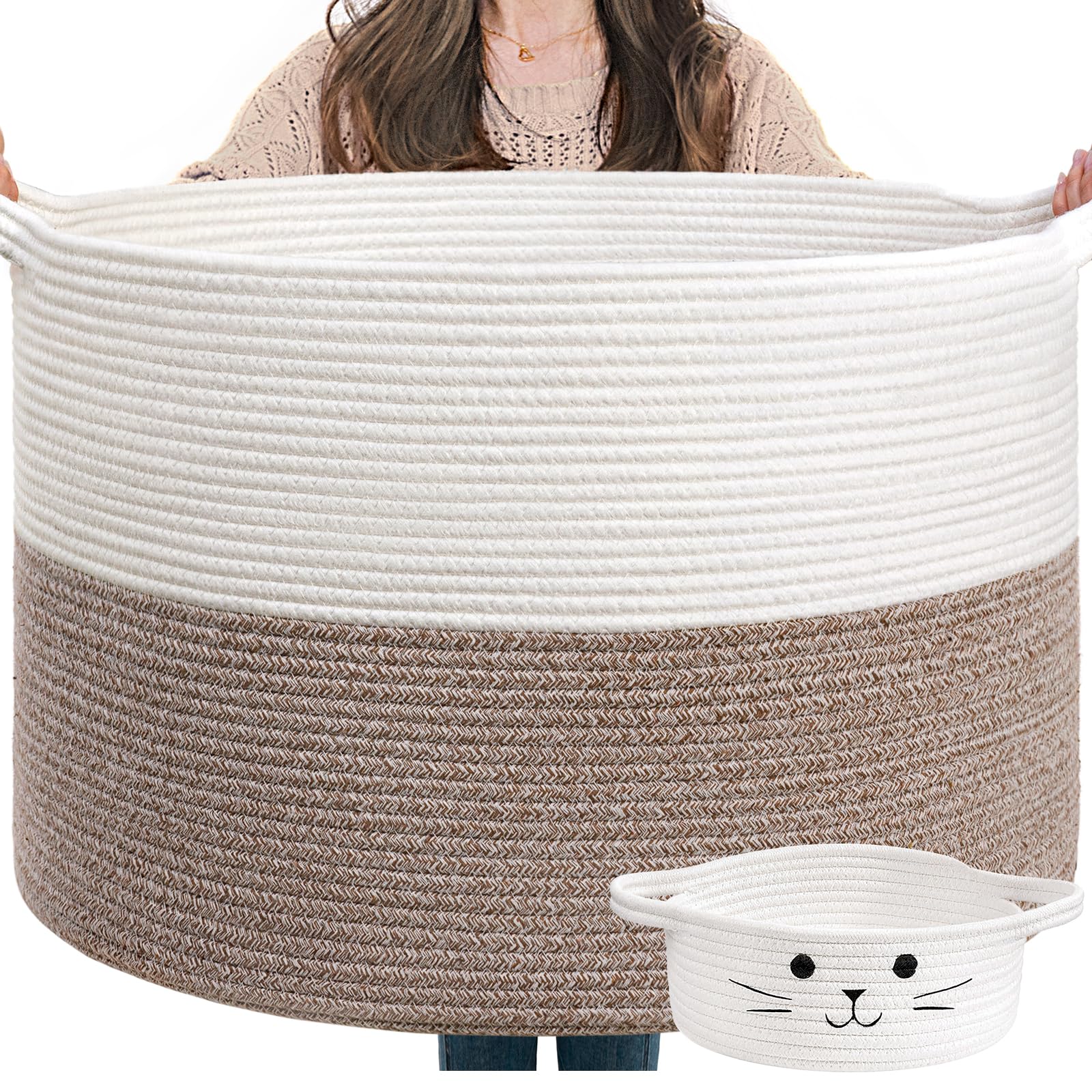 Goodpick Large Cotton Rope Basket Toy Baskets Storage Kids Baby Laundry Basket with Small Cute Basket Storage Basket for Dirty Clothes Pillows Towel, 21.7''L x 21.7''W x 13.8''H White & Brown