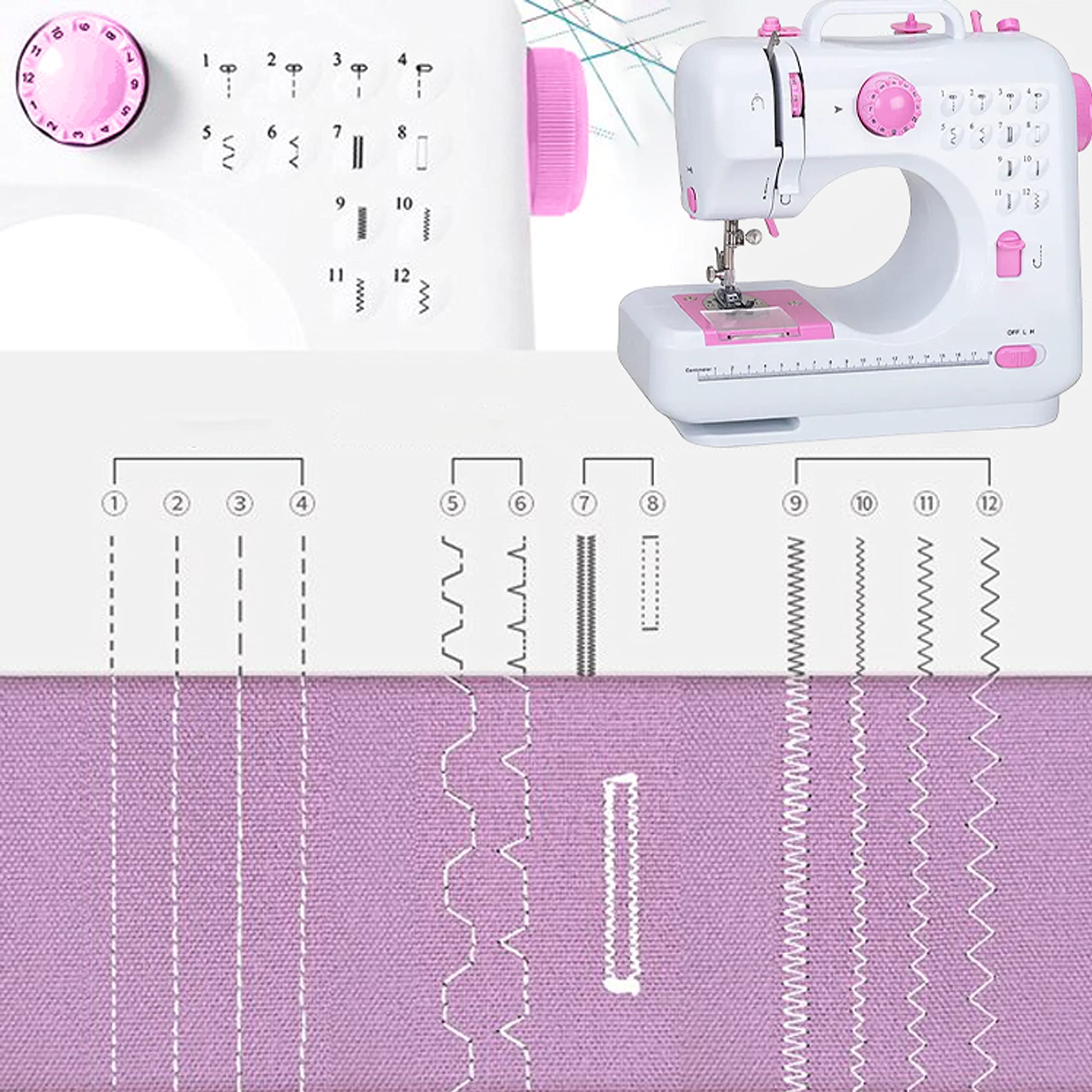 Retoo Mini machine à coudre et LED pour enfants et débutants - 12 motifs de points - Machine à coudre électronique professionnelle avec pédale - Alimentation et batterie - Bras libre - Blanc/rose