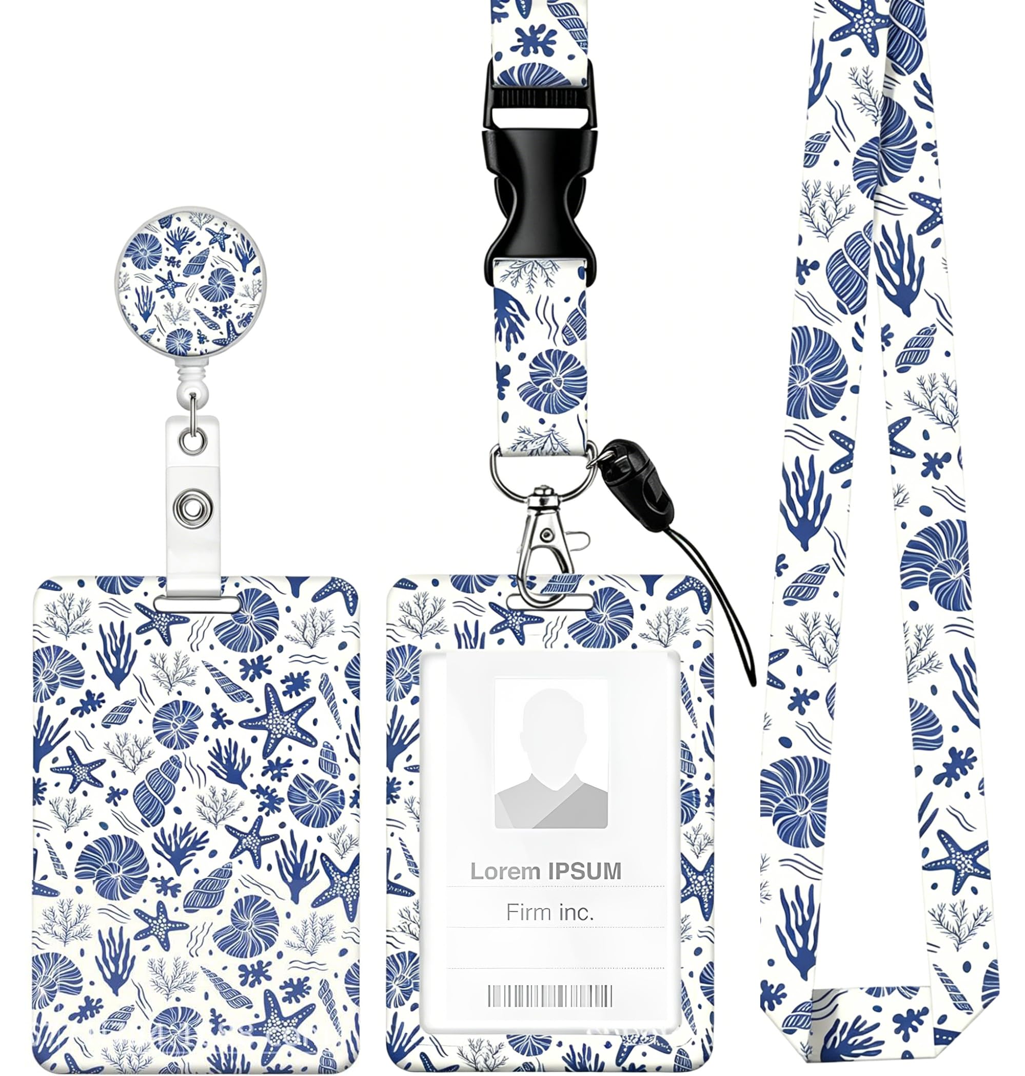 Embhlitfe Ocean Pattern Lanyard with Card Holder Set, Retractable ID Badge Holder, Adjustable Teacher Lanyard with Badge Reel Lanyards with Card Holders for Office Nurse Student — image 1