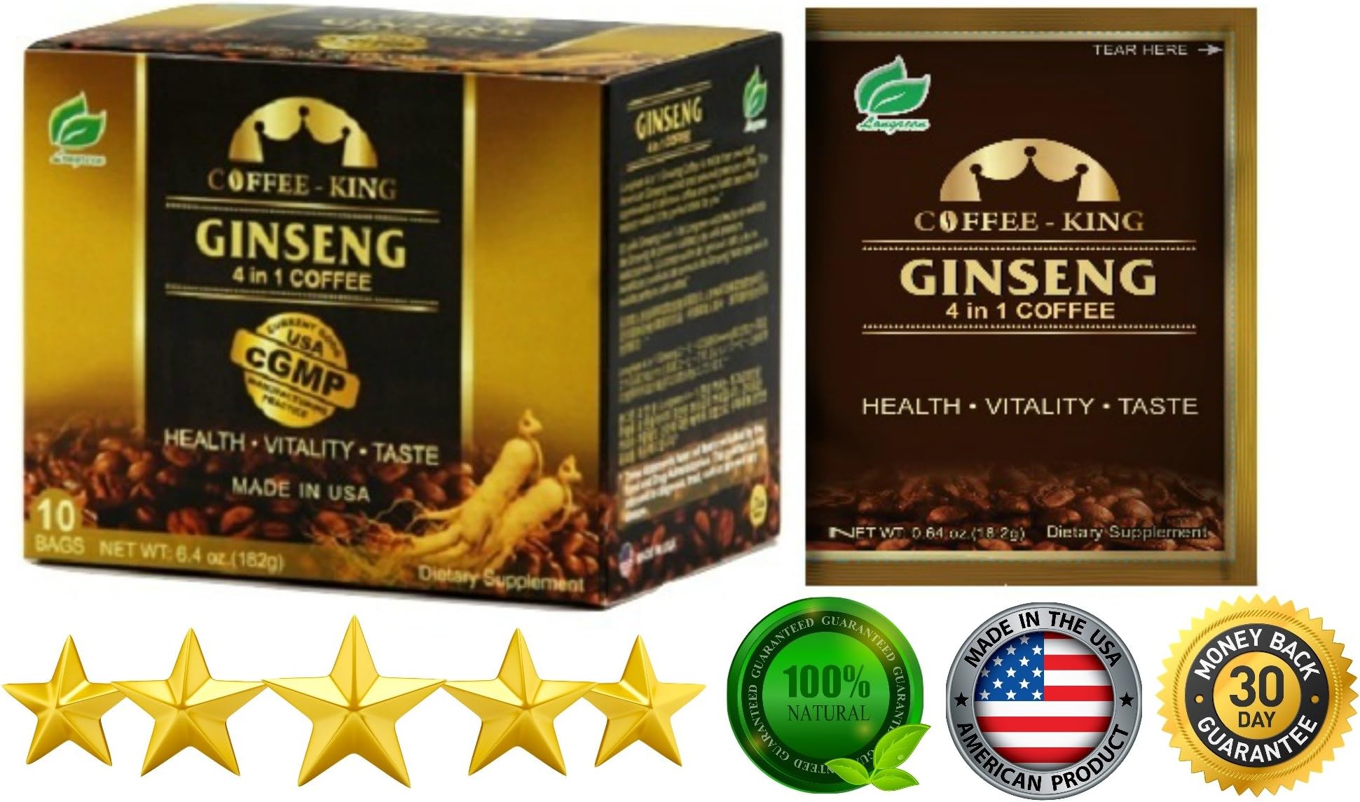 PureGano American Ginseng Coffee Latte - 3 in 1 Super Instant Coffee Infused with 200mg American Ginseng Extract 1 Box 10 Sachets / Packs 18.2g (182g total)