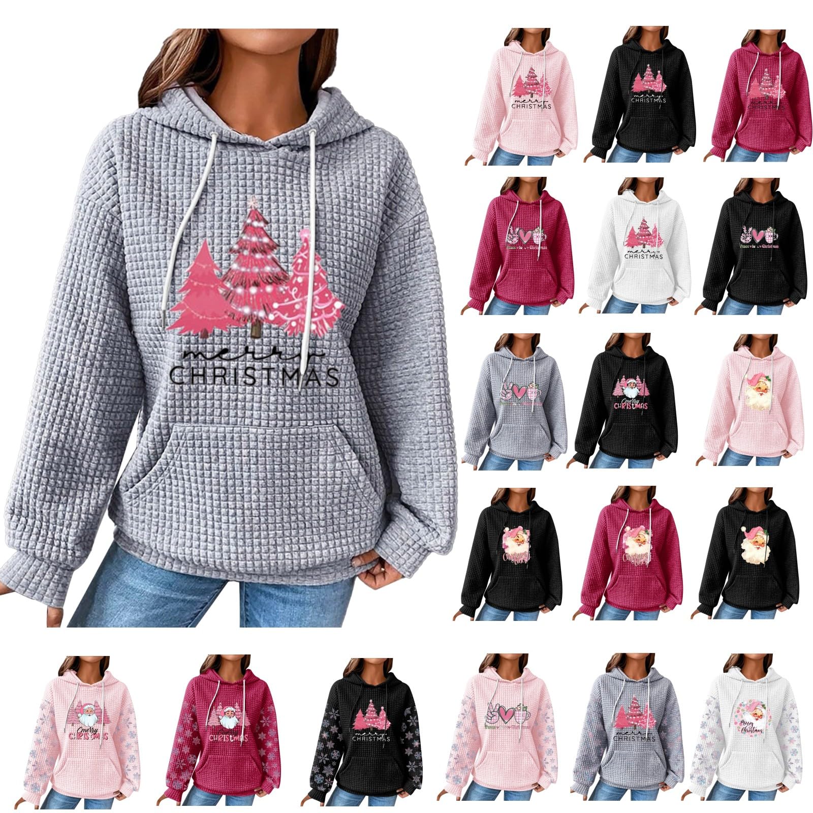 LAGKQS Christmas Hooded Waffle Sweatshirts Women for Fall Funny Christmas Tree Printed Pullover Shirts Drawstring Sweatshirt