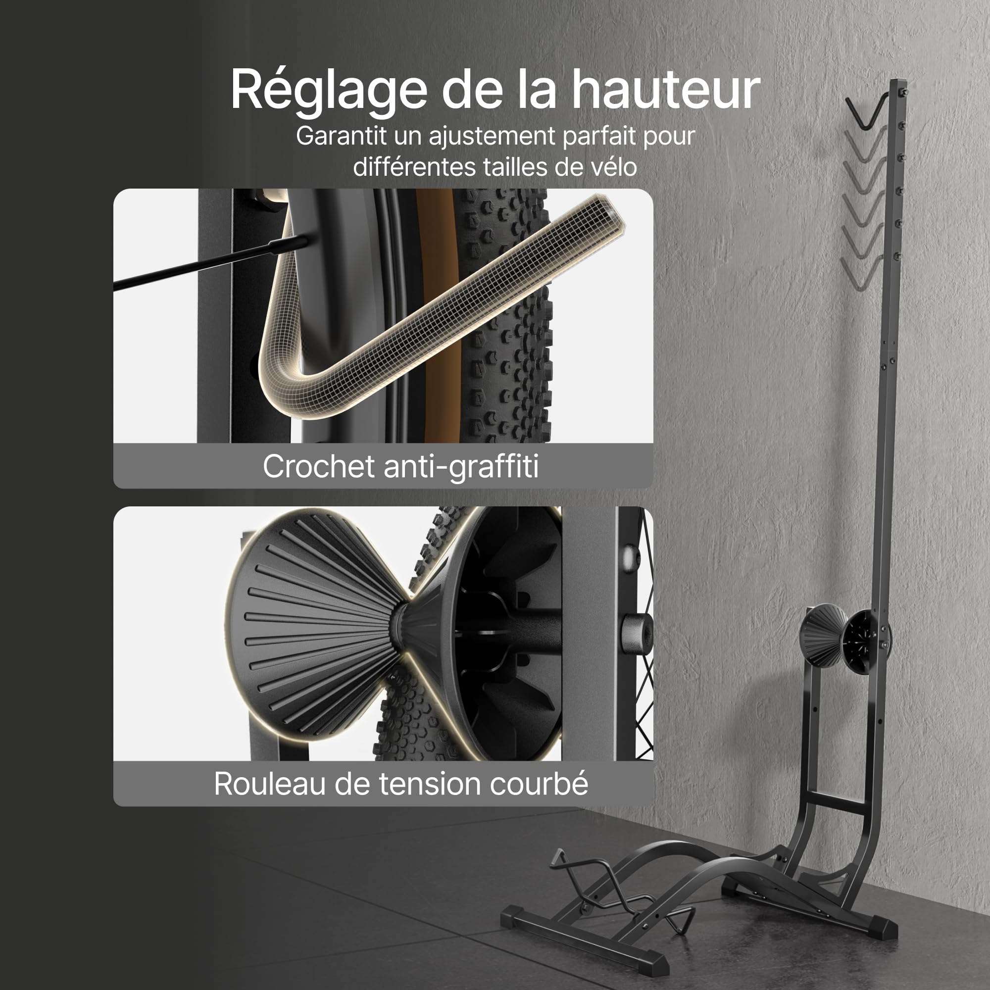 PEGZONE Support Vélo Vertical Gain de Place, Charge 35 kg, Noir | Support au Sol pour Vélos 20 à 27 Pouces et Pneus jusqu'à 90 mm, Hauteur Réglable, VTT et Vélo de Route