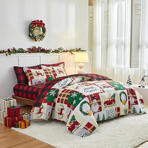 Miniatura 6 de Flysheep Juego de edredón de 3 piezas con diseño de retazos rojos de Navidad, tamaño individual, rojo, verde, blanco y beige, estampado de festival