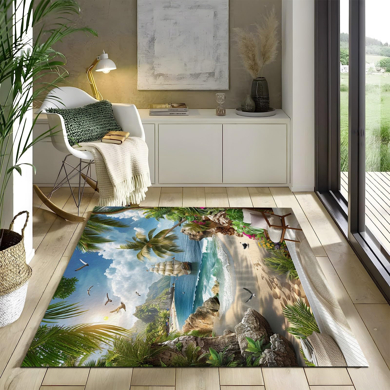 Kokosnussbaum Segelboot Meereslandschaft Waschbarer Teppich, Weich Kurzflor Teppich mit Rutschfester Unterseite, Pflegeleicht und Strapazierfähig 180x240 cm für Wohnzimmer Schlafzimmer Kinderzimmer
