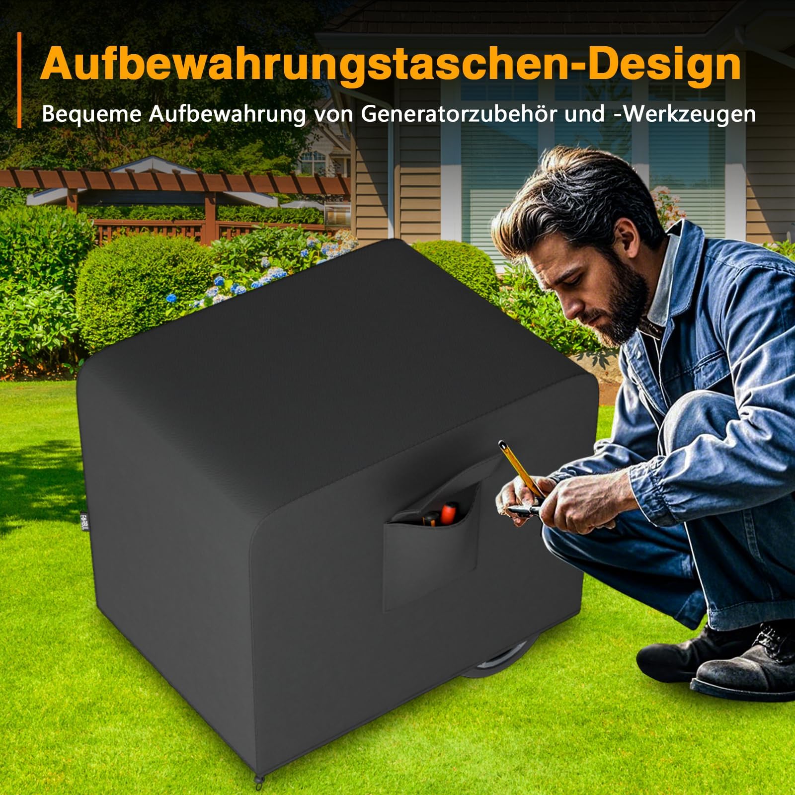 EVRBUL Generator Abdeckung, 81 cm x 61 cm x 61 cm Robuste wasserdichte 420D-Allwetter-Generatorabdeckung mit Aufbewahrungstasche, kompatibel mit den meisten Generatoren von 5000-10000 Watt (Schwarz)