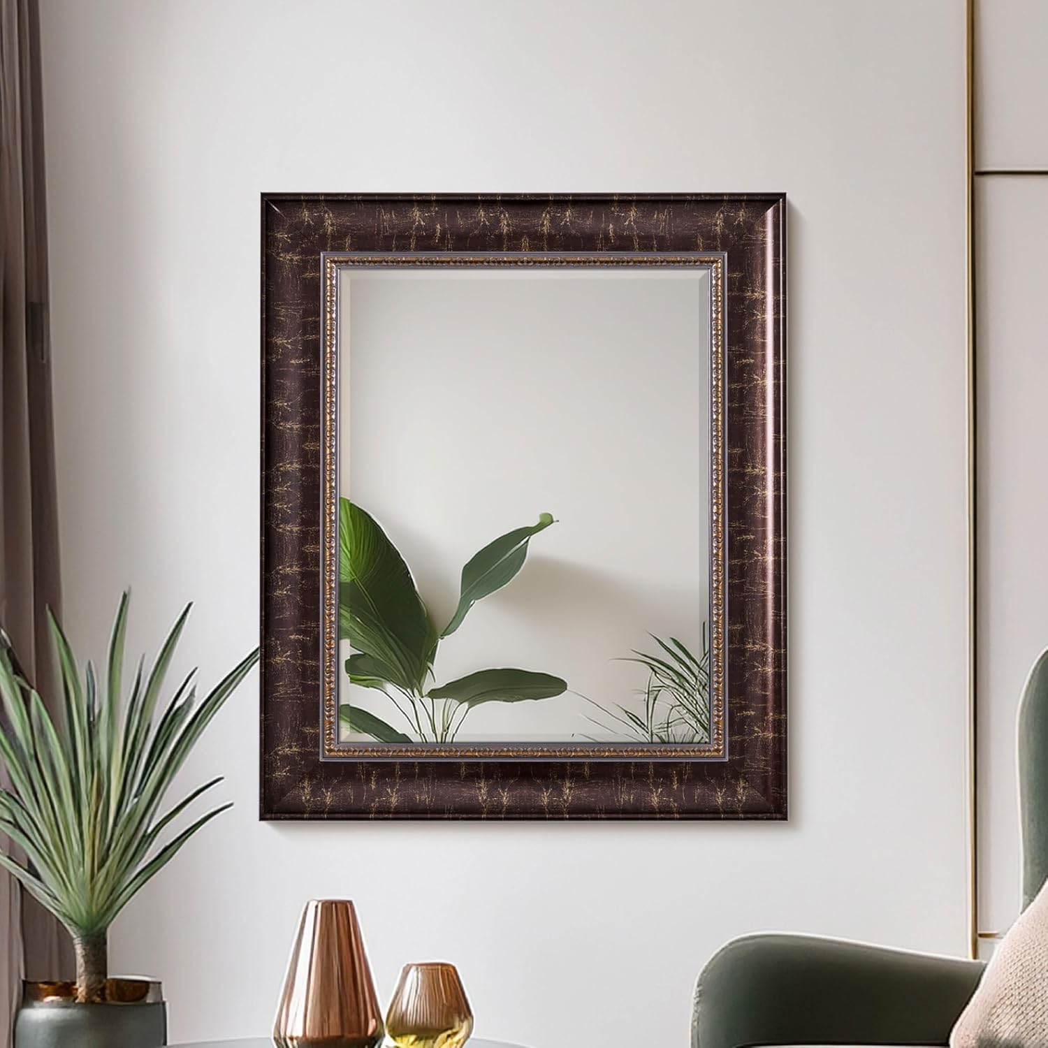 Head West Embossed Bronze Ornate Design and Distressed Frame 30.5" x 36.5" Vanity Mirror, Bronze