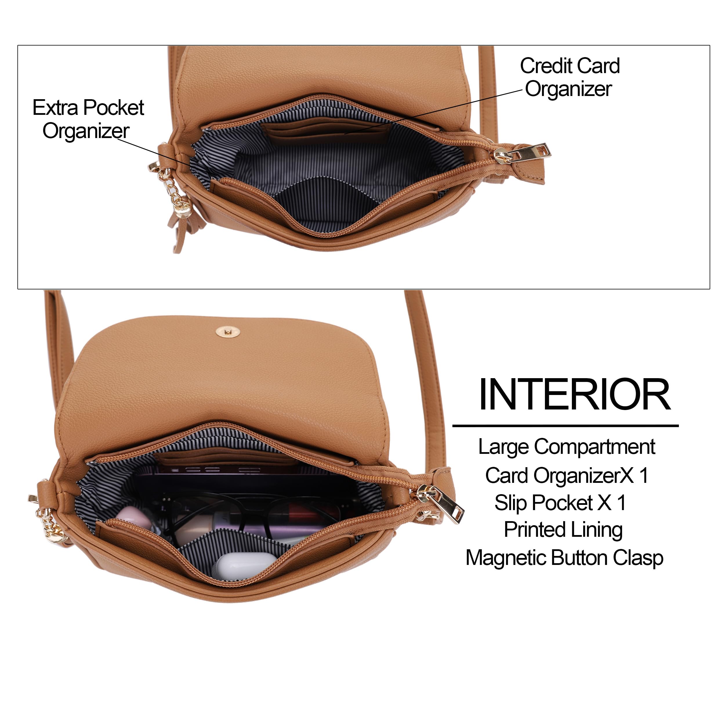 EVVE Bolso bandolera pequeño para mujer, con solapa, con borlas, de piel vegana, bolso de hombro