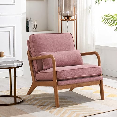 Miniatura 10 de JOYBASE Sillón con brazos, silla decorativa moderna de mediados de siglo, sillón con marco de madera para sala de estar, dormitorio (marrón, cuero