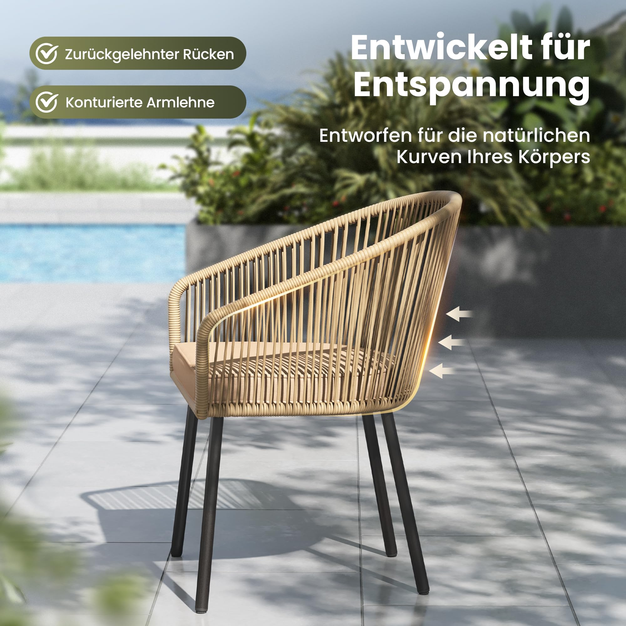 PHI VILLA Gartenstühle 4er Set, Rattansessel Gartensessel Balkonstuhl Outdoor Sessel Loungesessel, Wetterfest Terrassenstühle mit Kissen & E-Beschichtung Metall für Hinterhof Balkon Terrasse, Beige