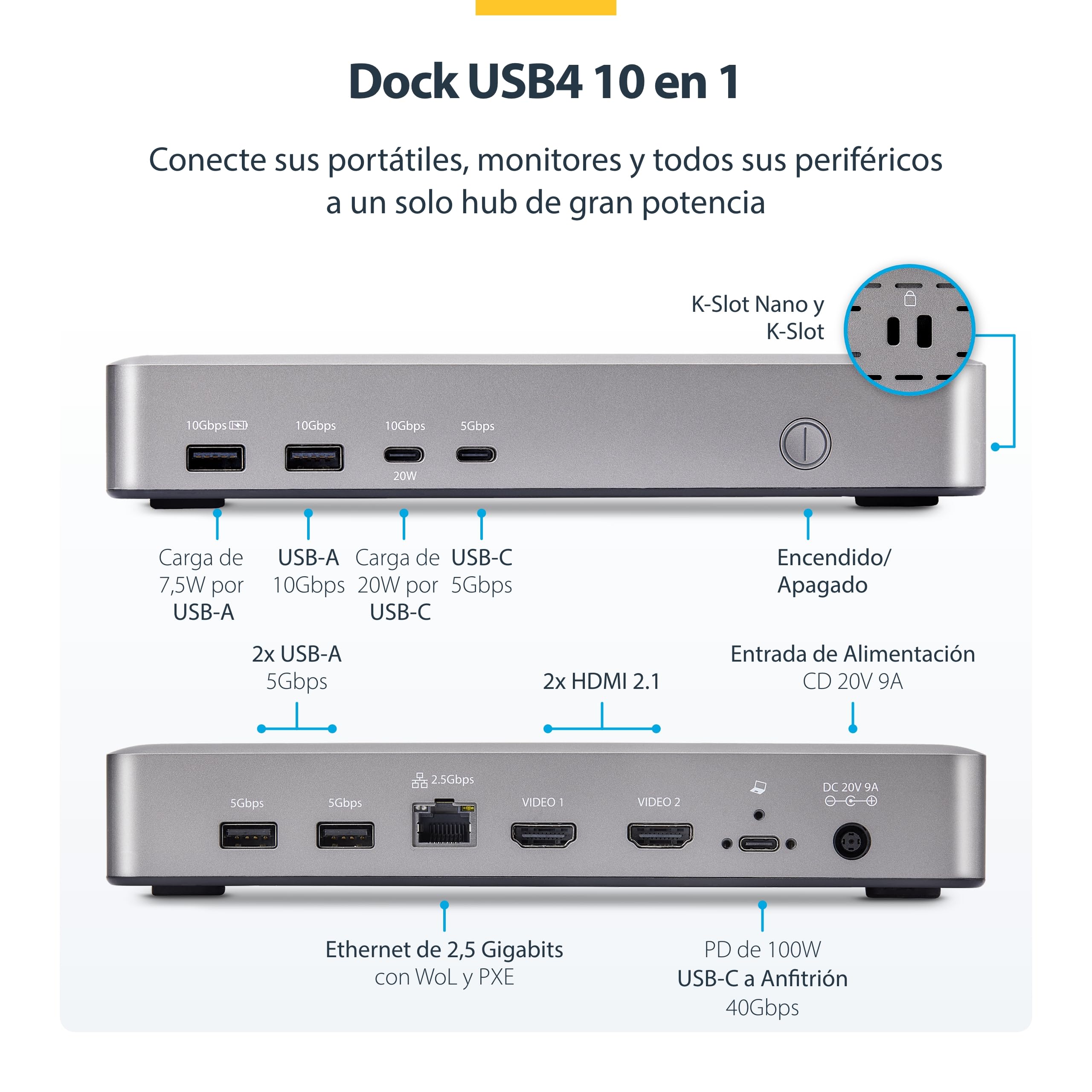 StarTech.com Docking Station USB4 - USB-C de 40Gbps - Vídeo Doble HDMI - hasta 2X 4K 60Hz - 6X USB - 2,5GbE - PD 100W