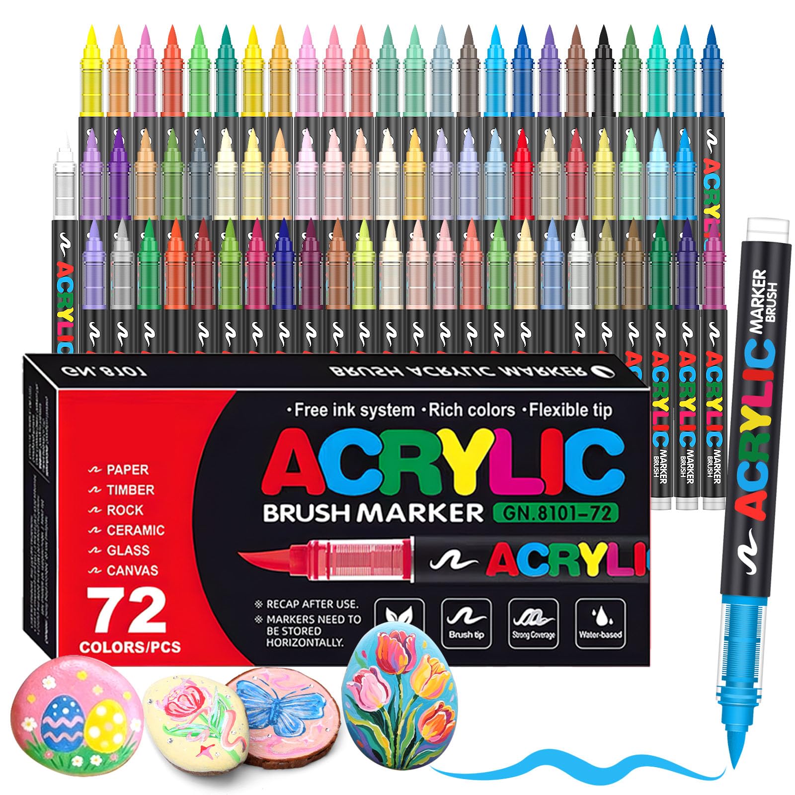 Melifluo 72 Rotuladores Acrílicos Punta Pincel - Marcadores Permanentes para Piedras, Tela, Vidrio, Madera, Cerámica, Lienzo y Papel - Pintura Acrílica de Secado Rápido para Lettering y Manualidades Global Recycled Standard Global Recycled Standard Global Recycled Standard