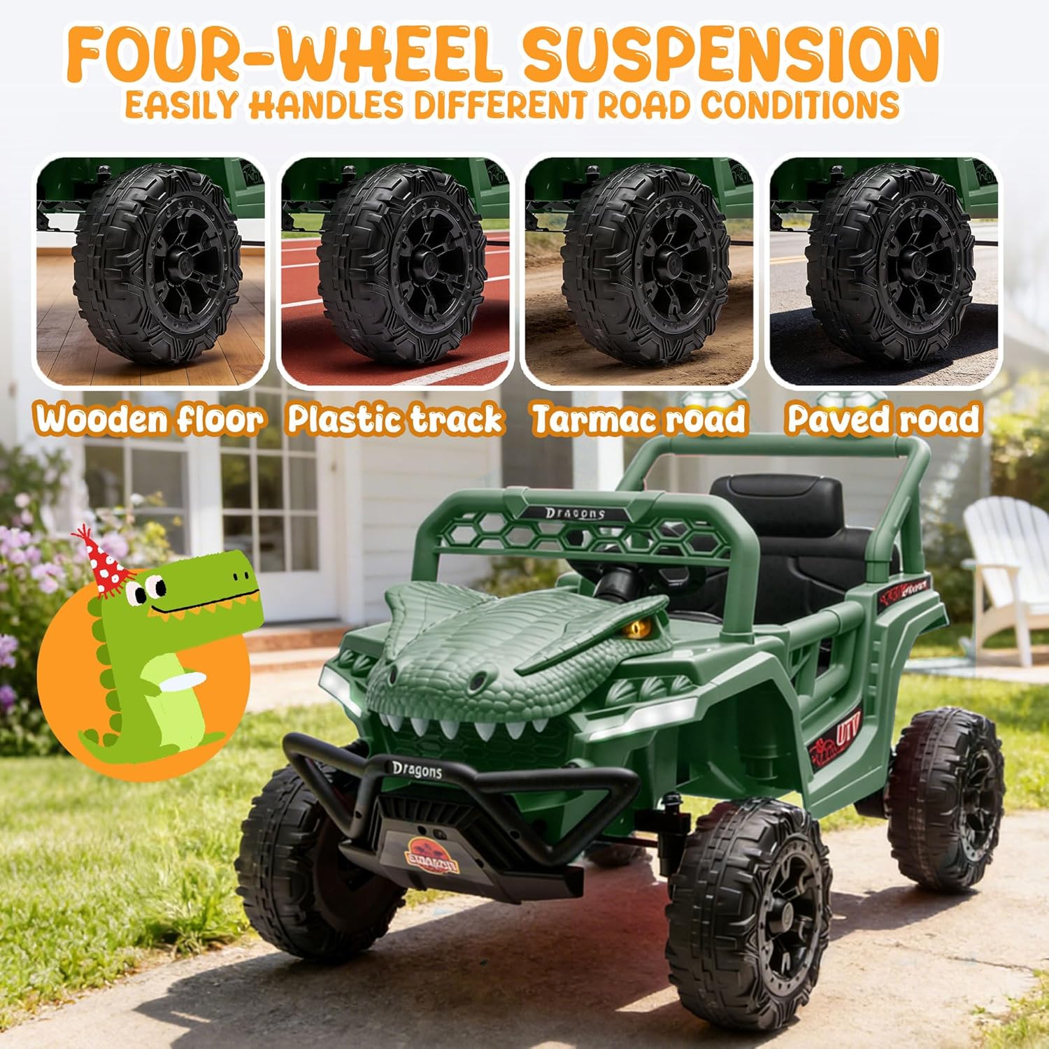 12V Dinosaur Ride On UTV, Kids Electric Vehicle with Parent Control, 3 Speeds,6 LED Lights, Shock Absorption,Bluetooth, Sharp Claws & Fierce Eyes, Ride On Toys for Boys Girls(Green) image 3 of 6 B0GR322LZX