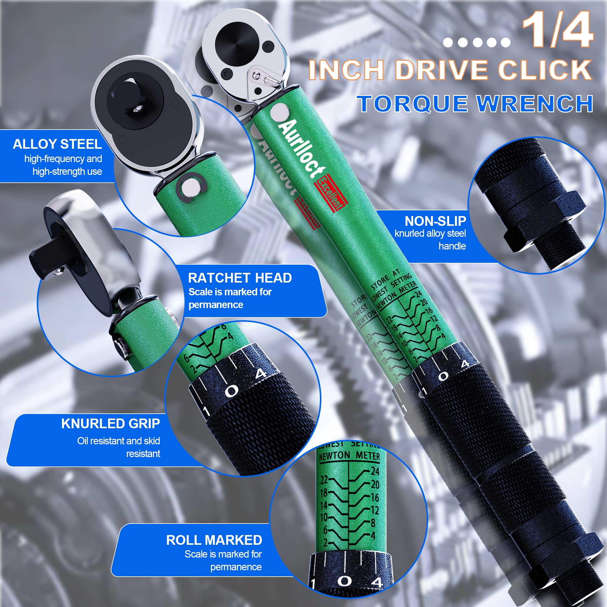 Aurlloct 1/4 Inch Drive Click Torque Wrench 2-24 Nm Set Green - Image 4