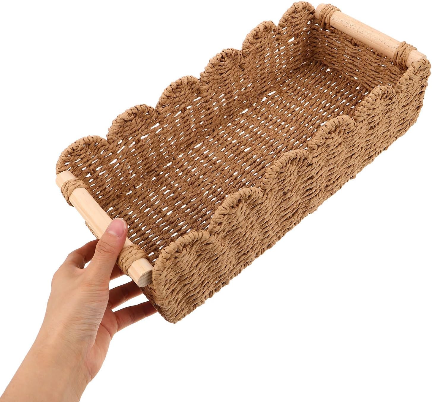 Paper Rope with Wood Handles Hand Woven Scalloped Basket 2pcs