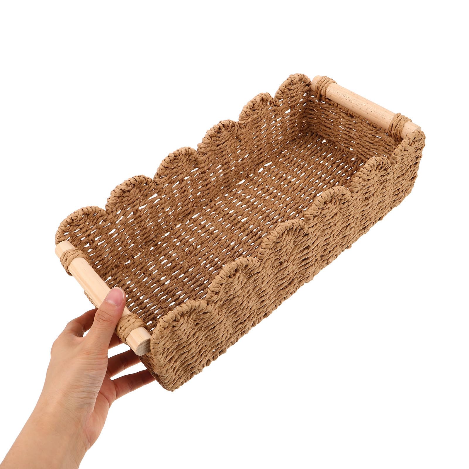 PACKOVE 2 Piezas Cesta de Almacenaje Tejida a Mano para Papel Higiénico, con Mango de Madera, Borde Festoneado, Marrón, Fibra de Papel y Madera, Transpirable, para Estante de Dormitorio