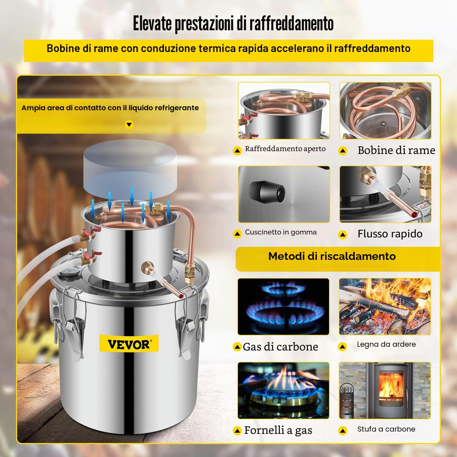 VEVOR Kit di Distillatore Alambicco in Acciaio Inox Rame Puro Materiale per Uso Alimentare Capienza del Serbatoio 19L, Kit Distillatore 30 x 30 cm per Liquore Acqua Distillata Vino con Pompa d'Acqua