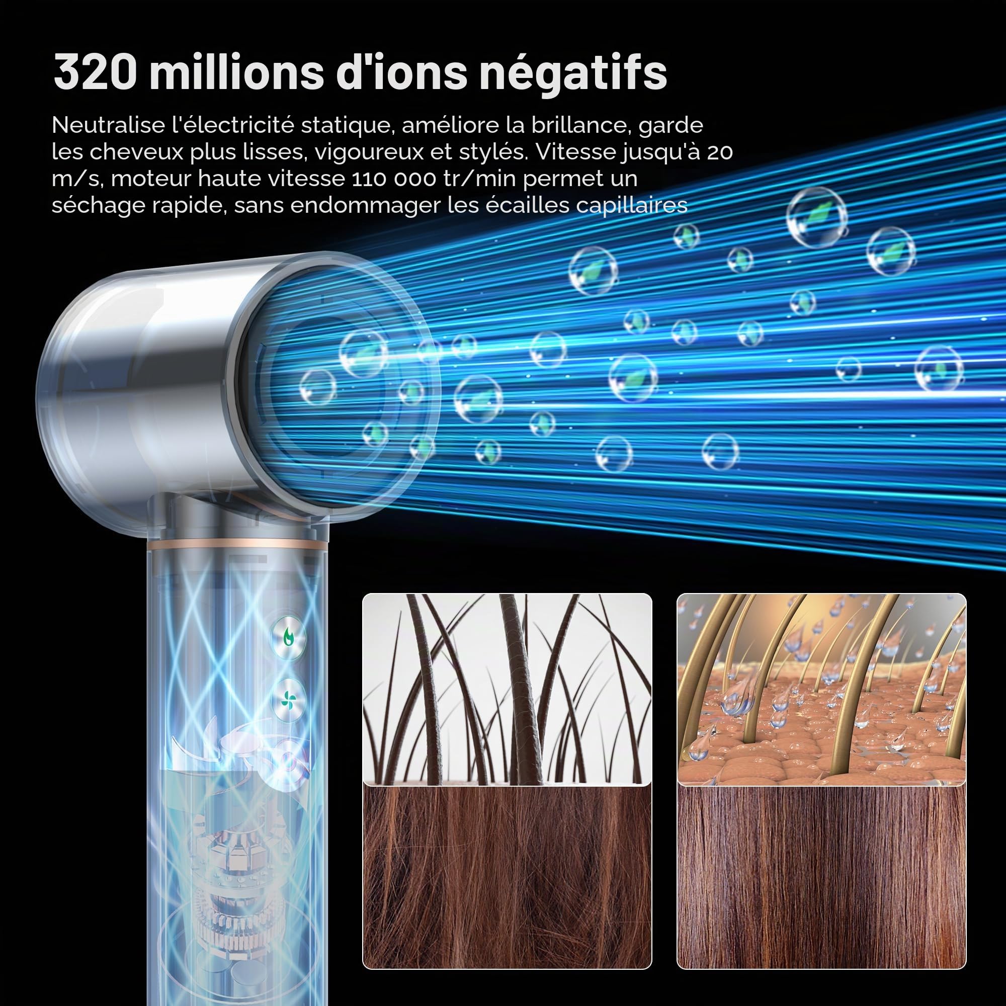 MogaWave Seche Cheveux 5 en 1 Air styler avec Sèche-cheveux de 110000 tr/min 20M/S pour un Séchage Rapide, Hair Styler de 320 Millions d'Ions avec Fer A Boucler, Brosse Lissante ＆ Brosse Volumisante
