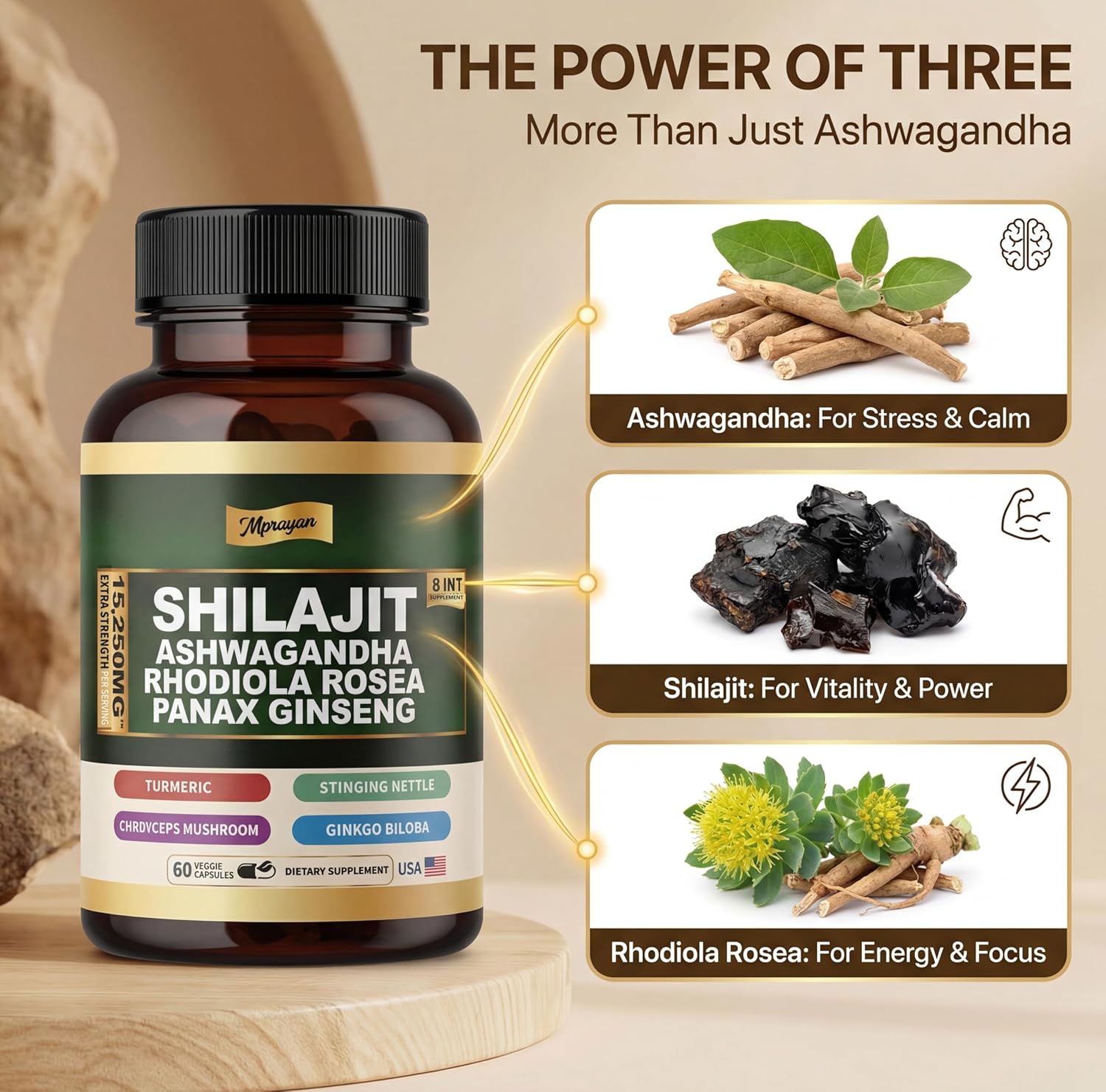 Shilajit Ashwagandha Capsules – 8 in 1 Adaptogen Complex for Energy, Focus & Stress Support with Rhodiola Rosea, Panax Ginseng, Cordyceps – Natural Herbal Supplement | 60 Vegan Capsules