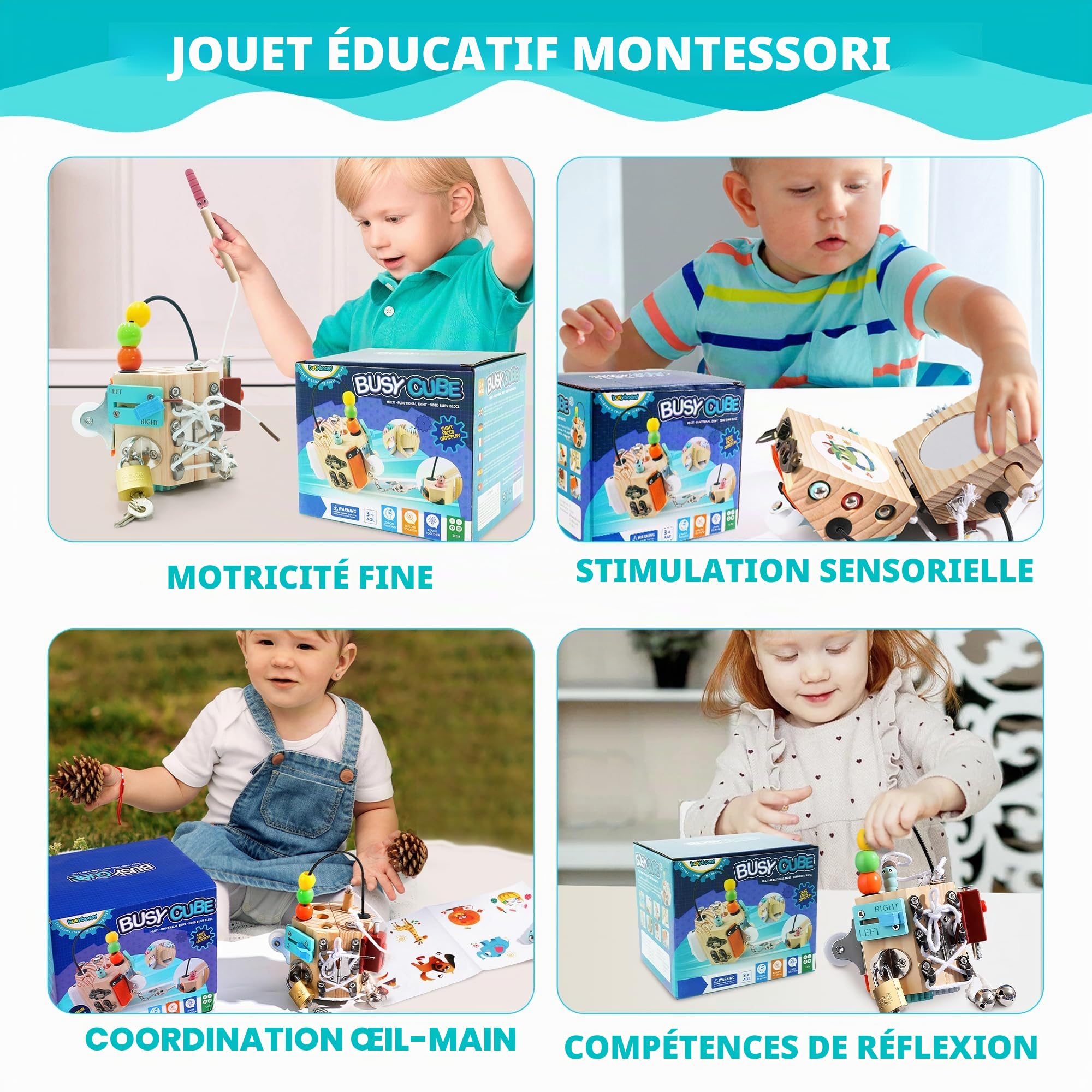 Busy Board Jouet Educatif pour Apprendre Motricité Fine,15 en 1 Busy Board Bois Cubique Activit Sensoriel pour Enfants,Jeux Portable pour Enfants Activités Montessori 3 4 Ans