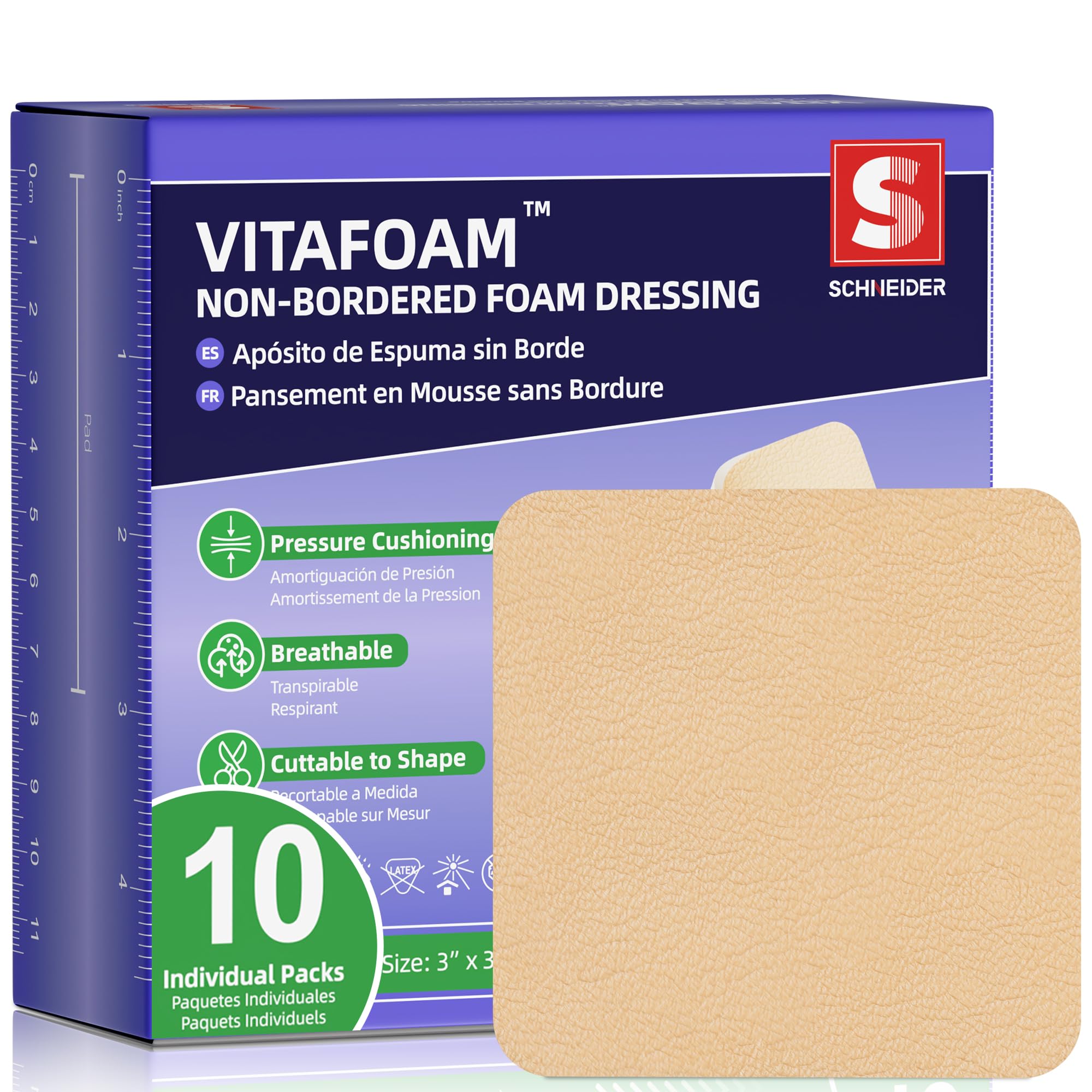 VitaFoam Non-Adhesive Foam Dressing Without Border, 3" x 3", 10 Pack | High-Absorbency Fo…