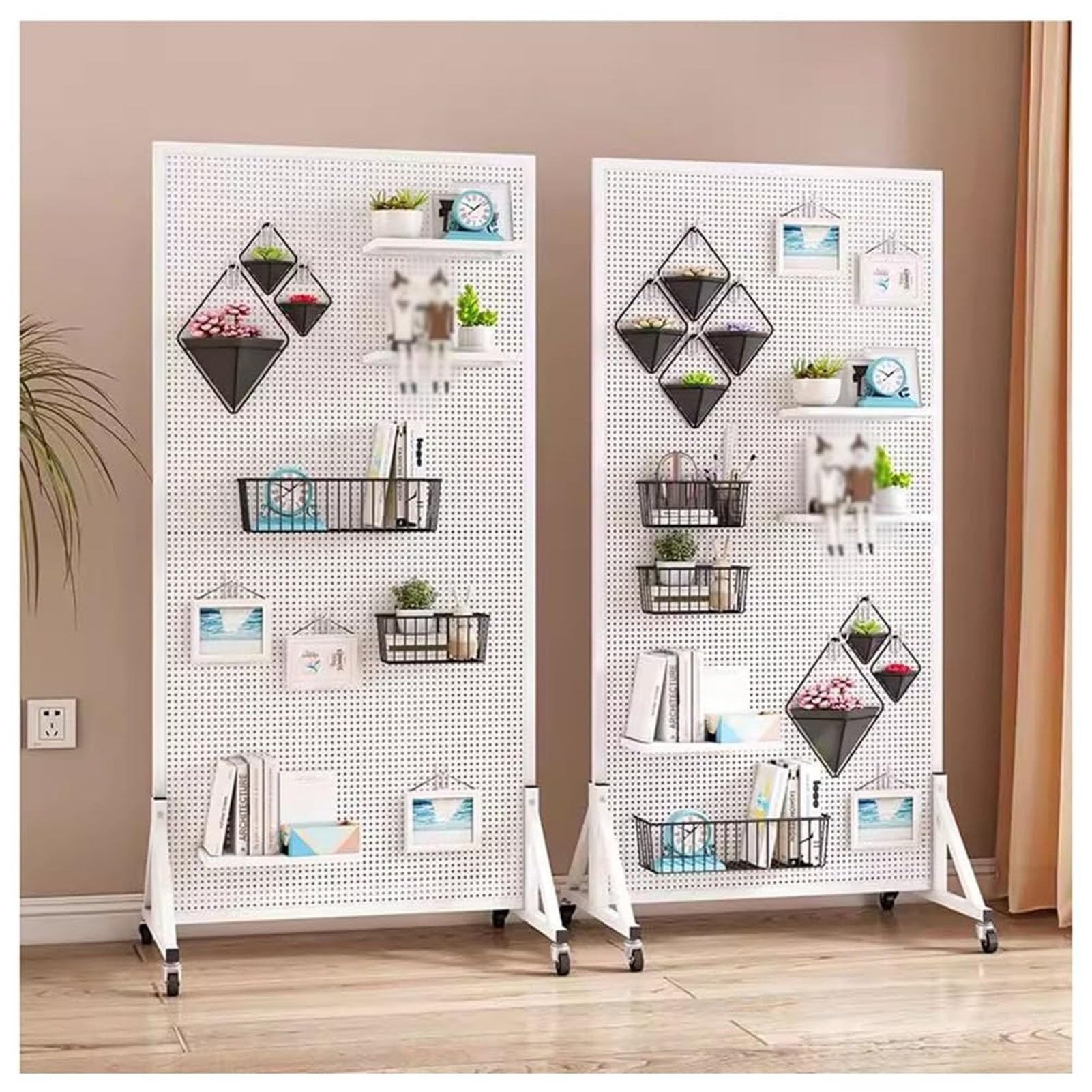 Rollbarer Lochwand-Präsentationsständer Mit Rollen, Freistehender Metall-Organizer-Turm Mit 20 Haken, Mobiler Werkzeug-Organizer for Dekoration Und Aufbewahrung(White,80 * 40 * 120cm)