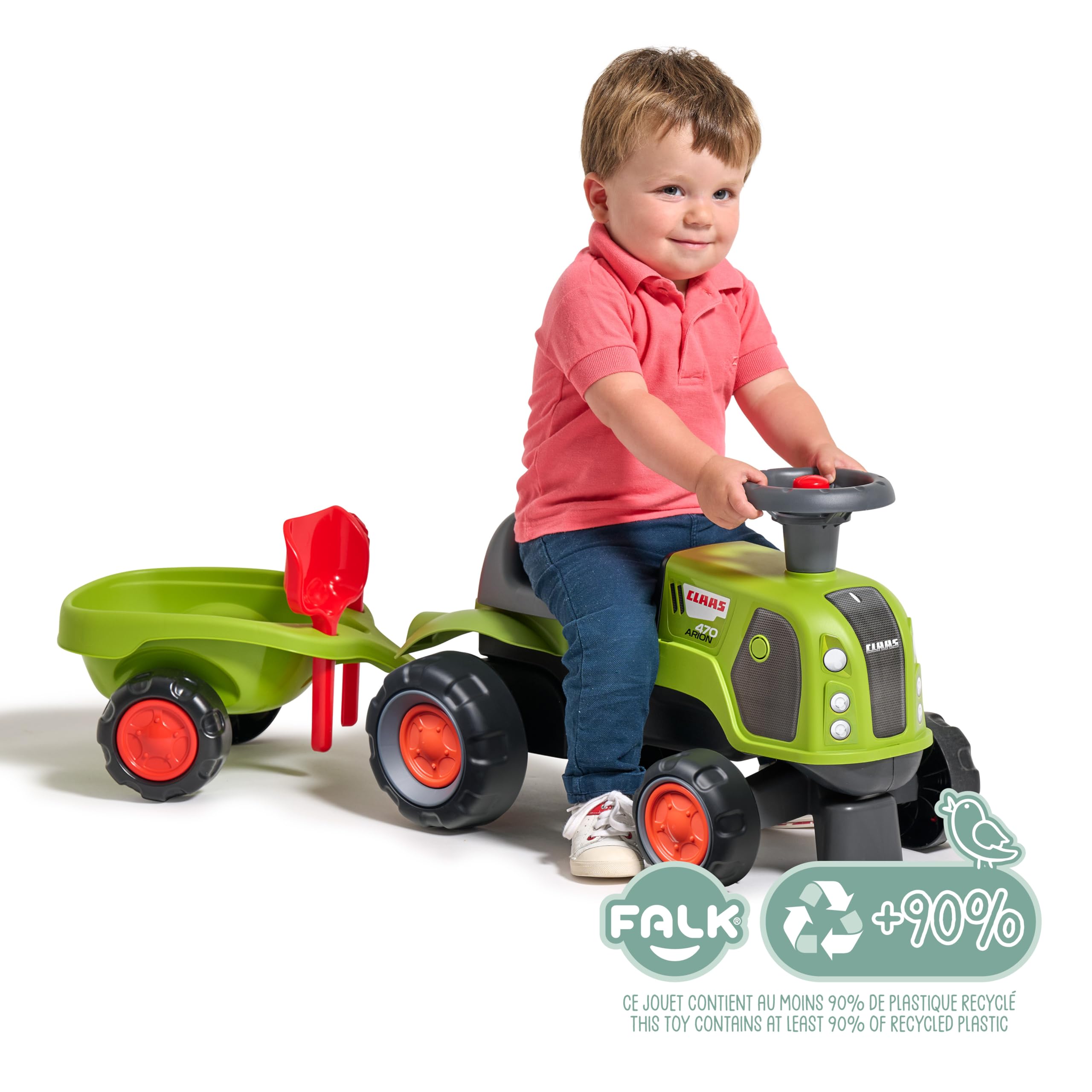 FALK Traktor Claas – Grün – leise Räder – Lenkrad mit Hupe – Anhänger mit Zubehör – 90% recycelter Kunststoff – 100 ab 12 Monaten – 312CS