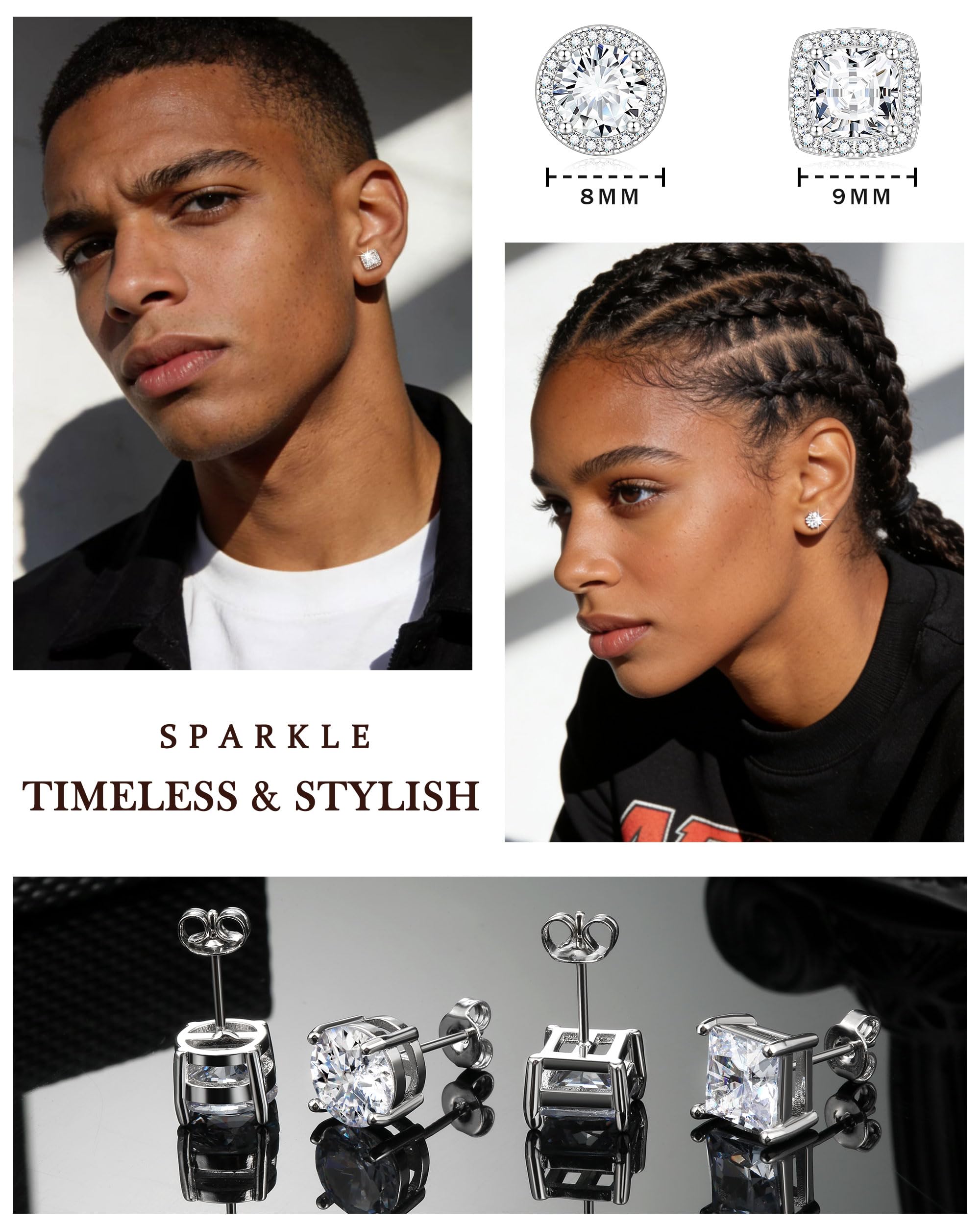 Cubic Zirconia Stud Earrings for Women Mens Earrings Hypoallergenic Square CZ Studs Set
