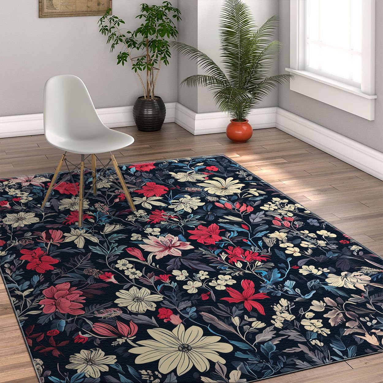 Tapis de salon lavable et antidérapant tapis bleu marine à fleurs grand confort ultra fin