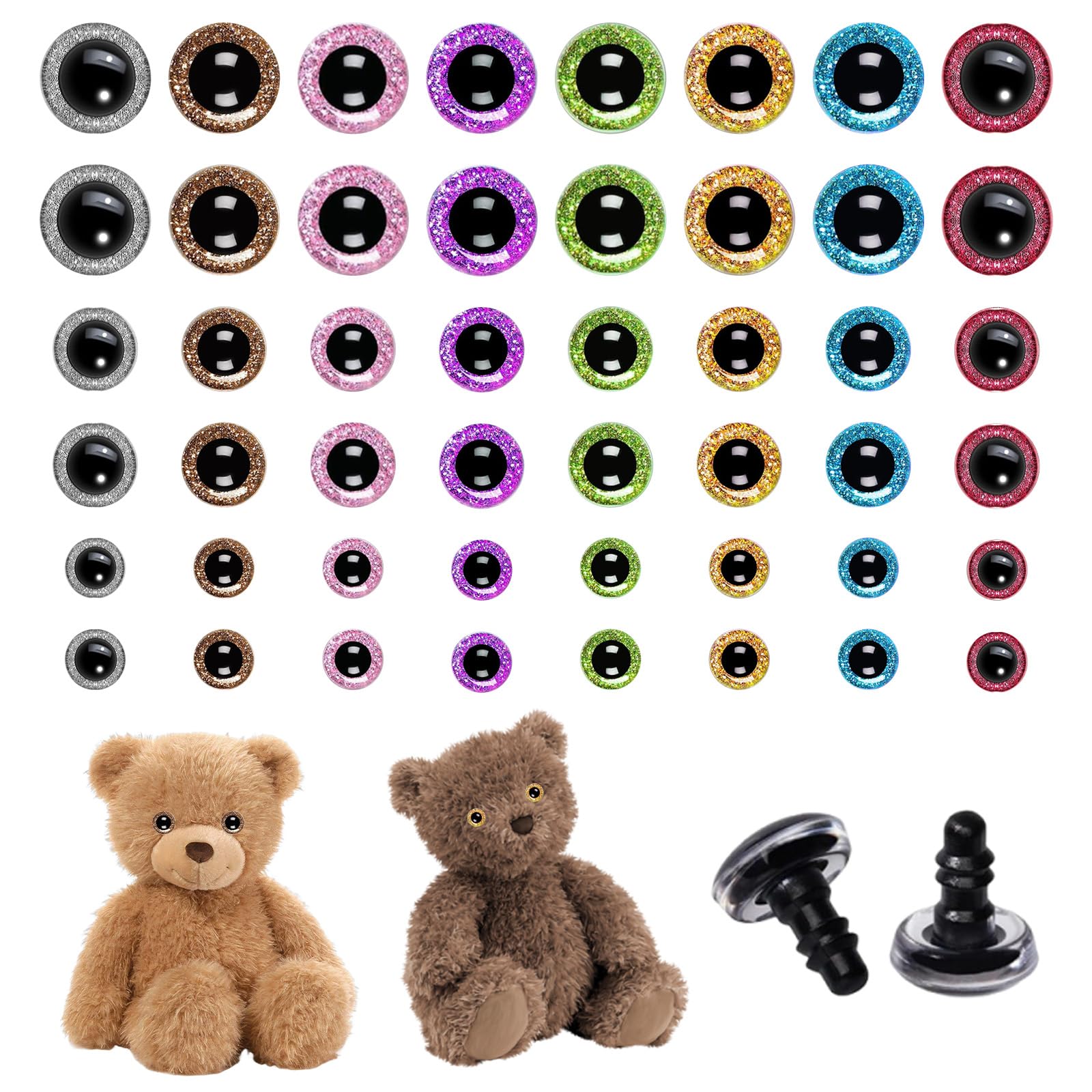 Satiskid 48Pcs Glitter Safety Eyes, 12mm/16mm/20mm Crochet Eyes with Washers, 8 Colors Doll Eyes 3D Stuffed Animal Animal Eye for Amigurumi, Doll Making, Plush Toys DIY Crafts