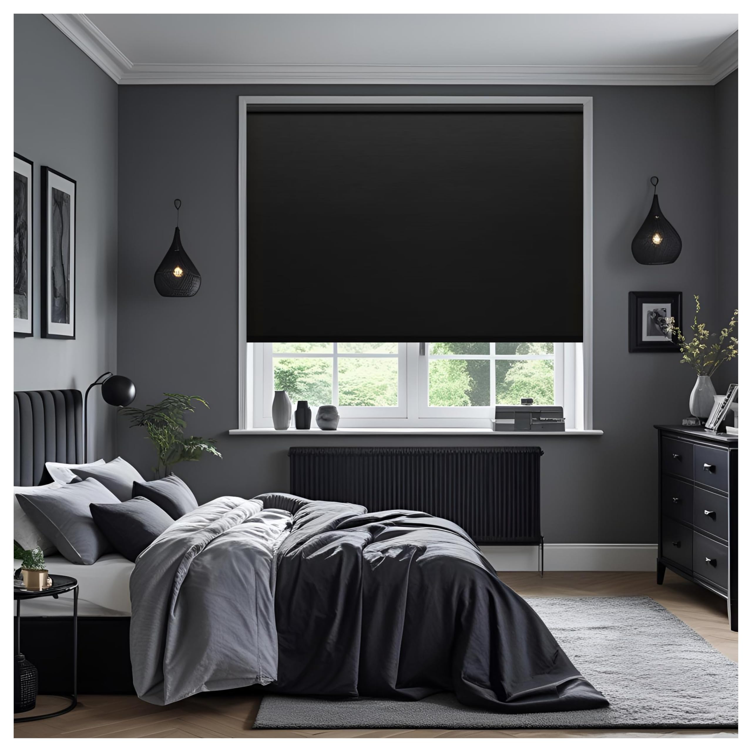 Thermal Insulated Blackout Fabric Roller Blinds, Easy Fit Room Darkening Shades Fittings Included Black (Width 180cm x Length 165cm, Thermal Blackout, Black) (BK004) — image 1