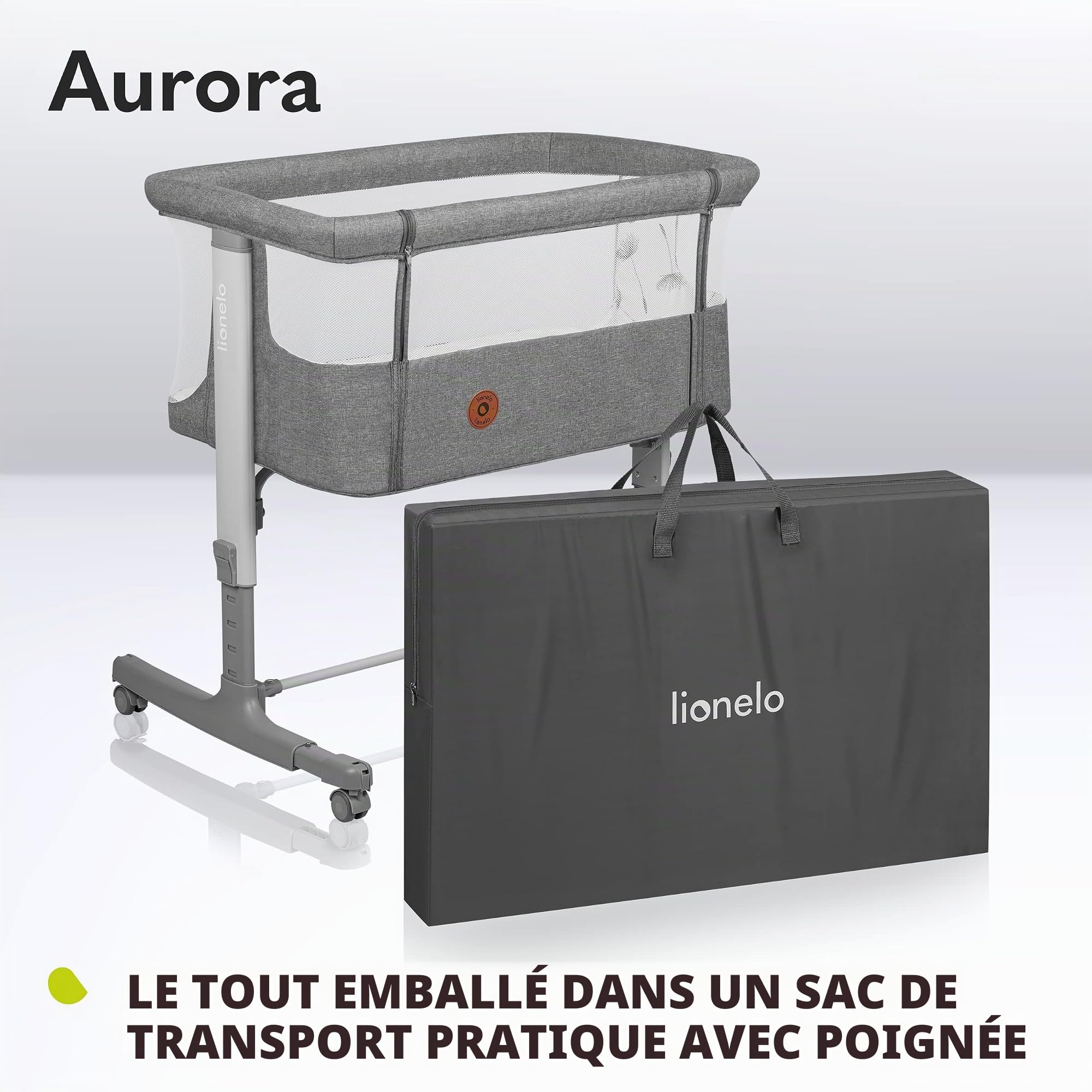 lionelo Aurora Lit de Chevet 3 en 1 pour bébé de la Naissance à 9 kg, Hauteur et Inclinaison réglables, Matelas, 4 Roues verrouillables, Panneaux en Maille Respirante, Portable, Lavable, Sac de