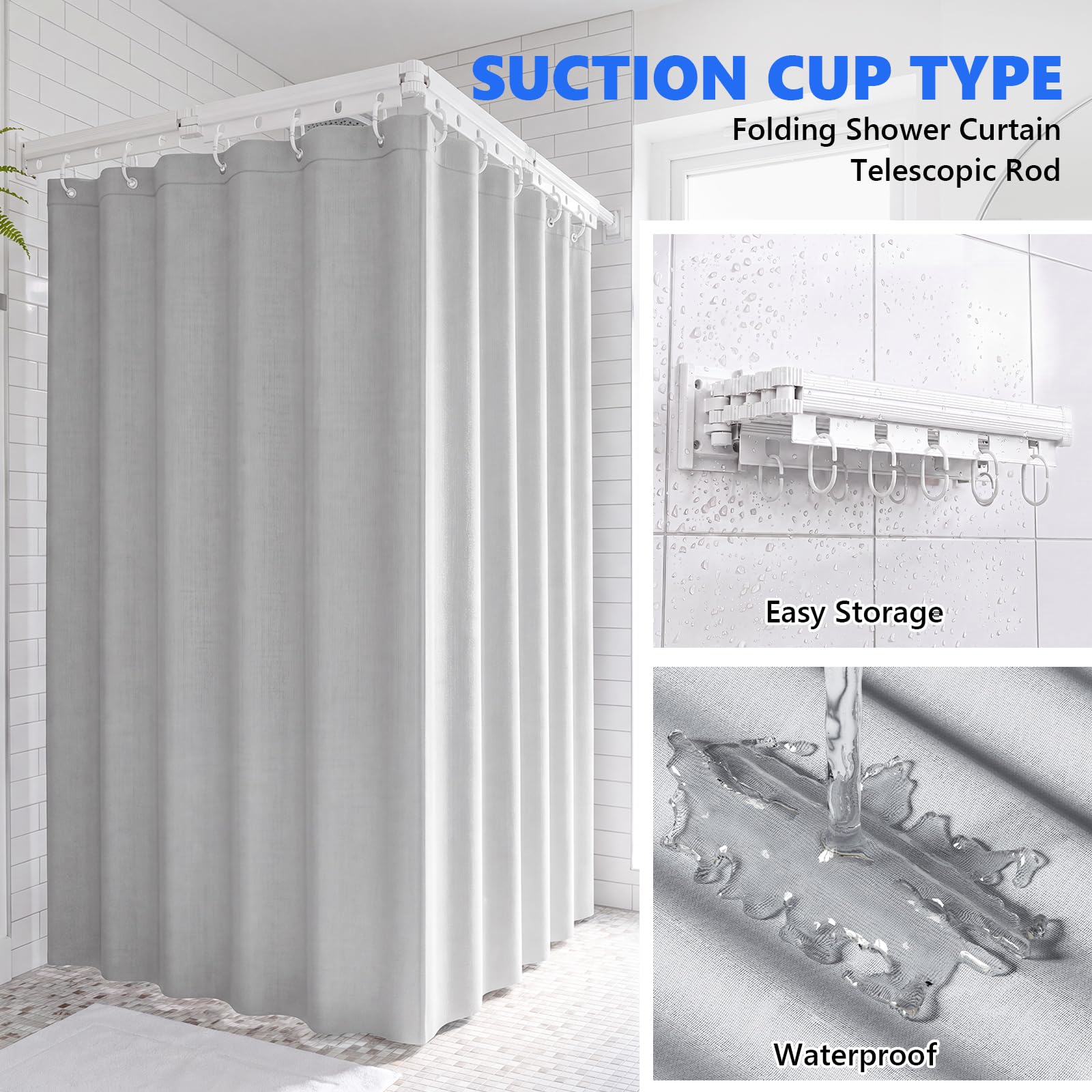 Rideau De Douche Sans Perçage,Tringle à Rideau De Douche pliable et murale, composée de quatre sections et réglable sans clous, idéale pour les salles de bain, baignoires, et cabines d'essayage