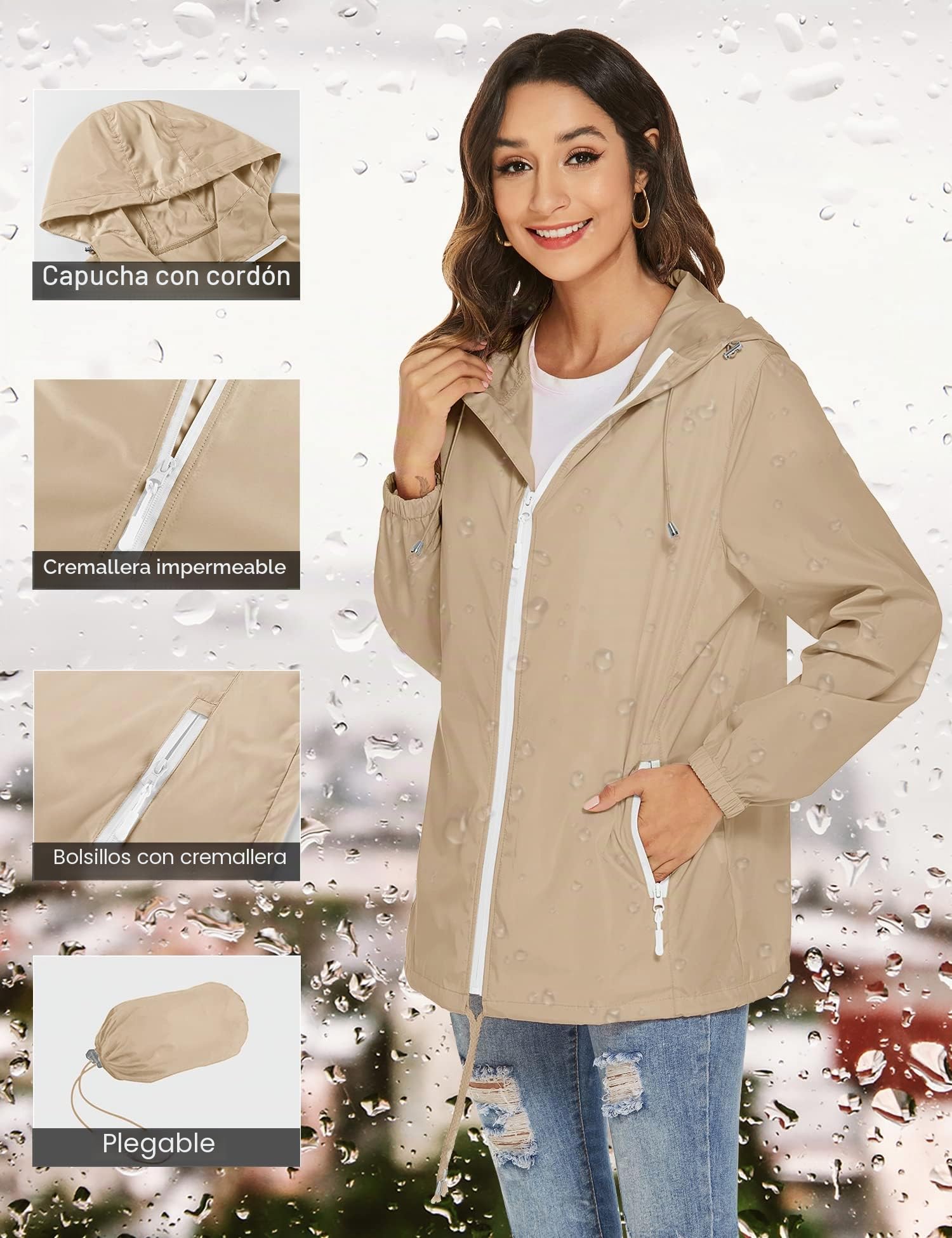 Rapbin Chubasquero para mujer, impermeable, ligero, cortavientos, plegable, con capucha, para correr al aire libre