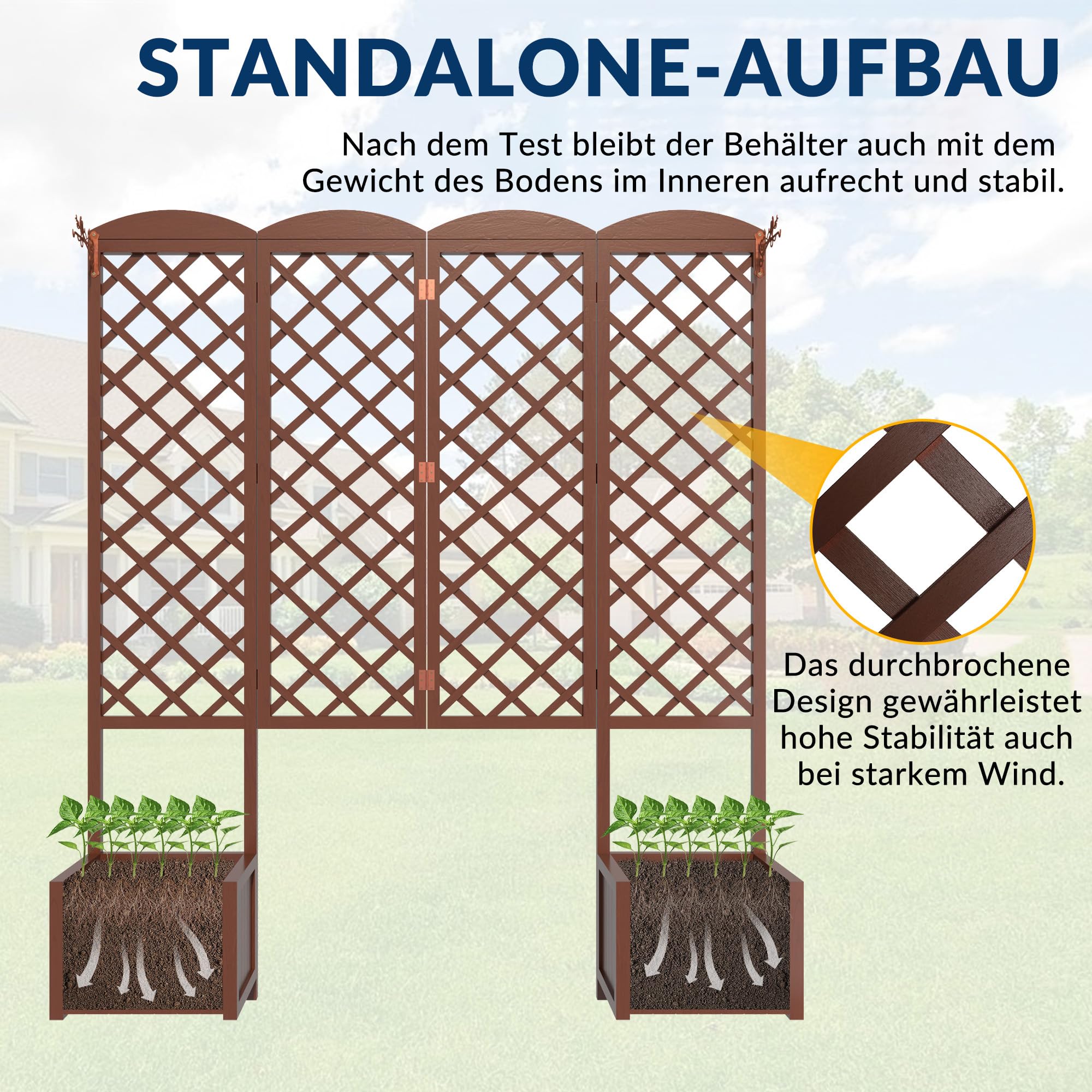 Cassetta da Giardino con Griglia Rampicante, Aiuola Rialzata Impermeabile in Legno di Abete 160x40,6x183cm, Schermo Privacy con Drenaggio per Piante Rampicanti, Frutta, Verdura(Confezione da 2 pezzi)