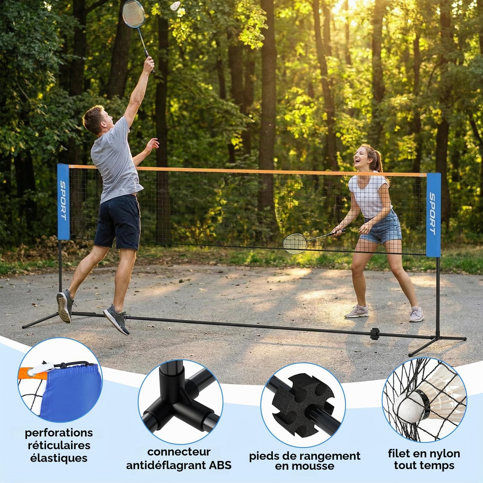 Filet de Badminton, 4m/5m Filet Portable pour Volley-Ball, Pickleball, Tennis, Football, Hauteur Réglable, Filet en Nylon Pliable, avec Sac de Transport, Cadre métallique