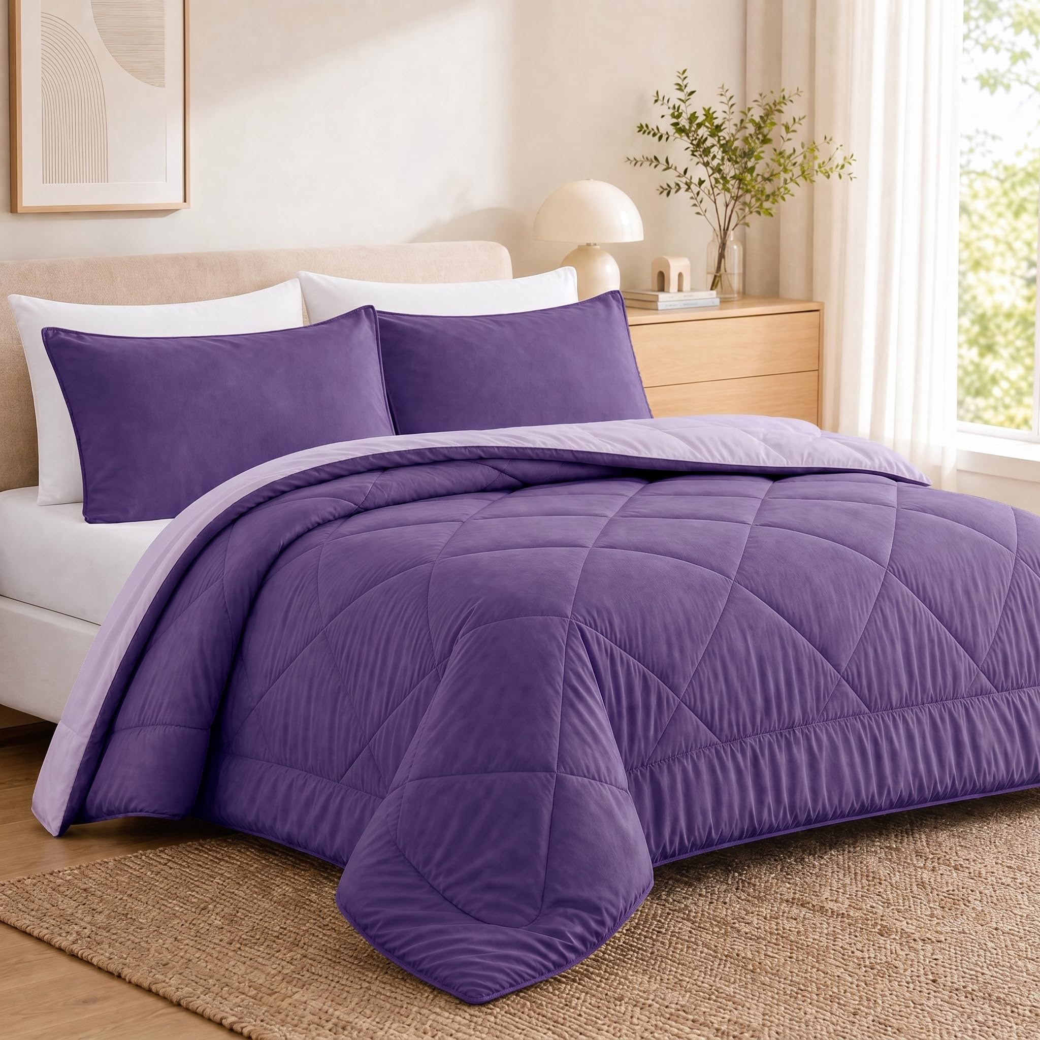 VelvetMis Coverless Duvet King Size 10.5 Tog - 230x 220cm, Purple And Lavender Purple Quilt, Reversible Comforter with 2 Pillowcases