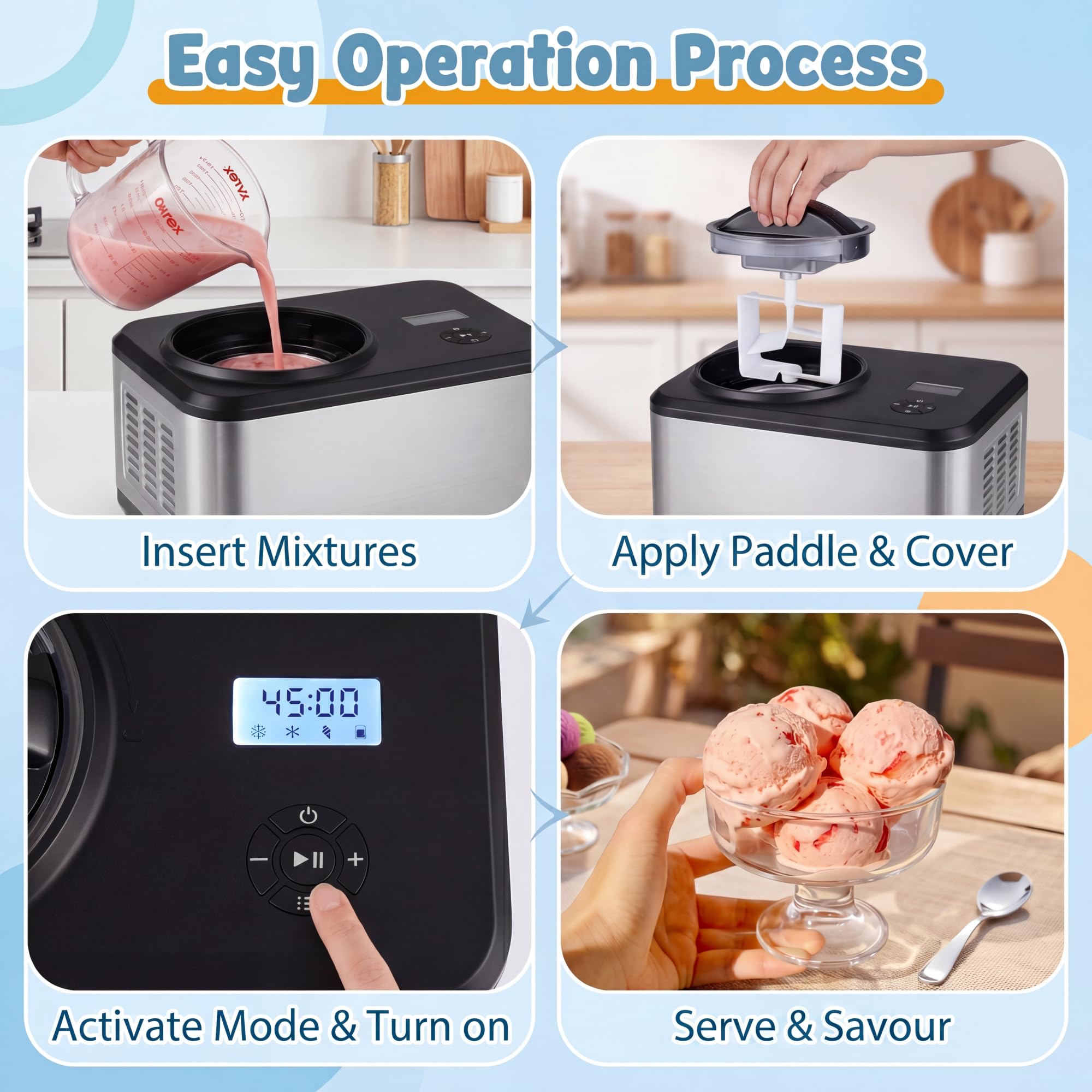 LIFEZEAL Gelatiera Autorefrigerante 1,5 L con Compressore, 120W Macchina per Gelato 4 Modalità, per Frozen Yogurt e Gelato, Display LED, Timer 24H, Cestello Rimovibile e Misurino, Acciaio Inox, Nero