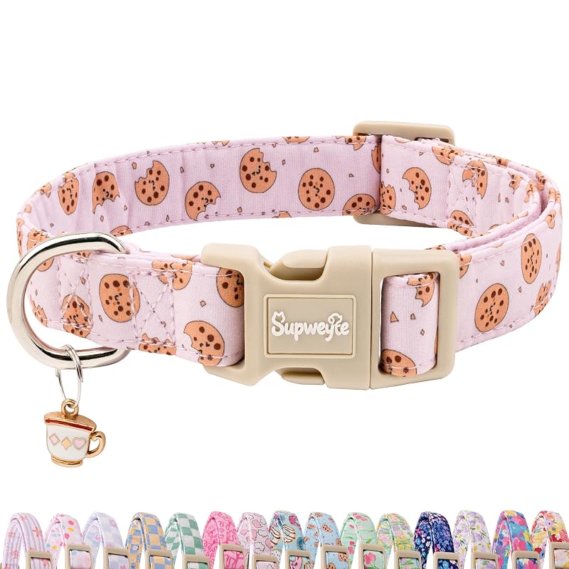 Coleira para Cães com Estampa de Cookie Rosa, Algodão e Fivela de Engate Rápido supweyte, Tamanho Small