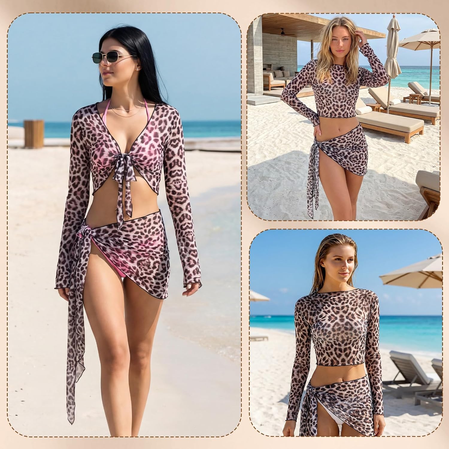 2 Pieces Outfits Mesh Perspective Suit Swimming Beach Long Sleeve Crop Top and Mini Skirt Set