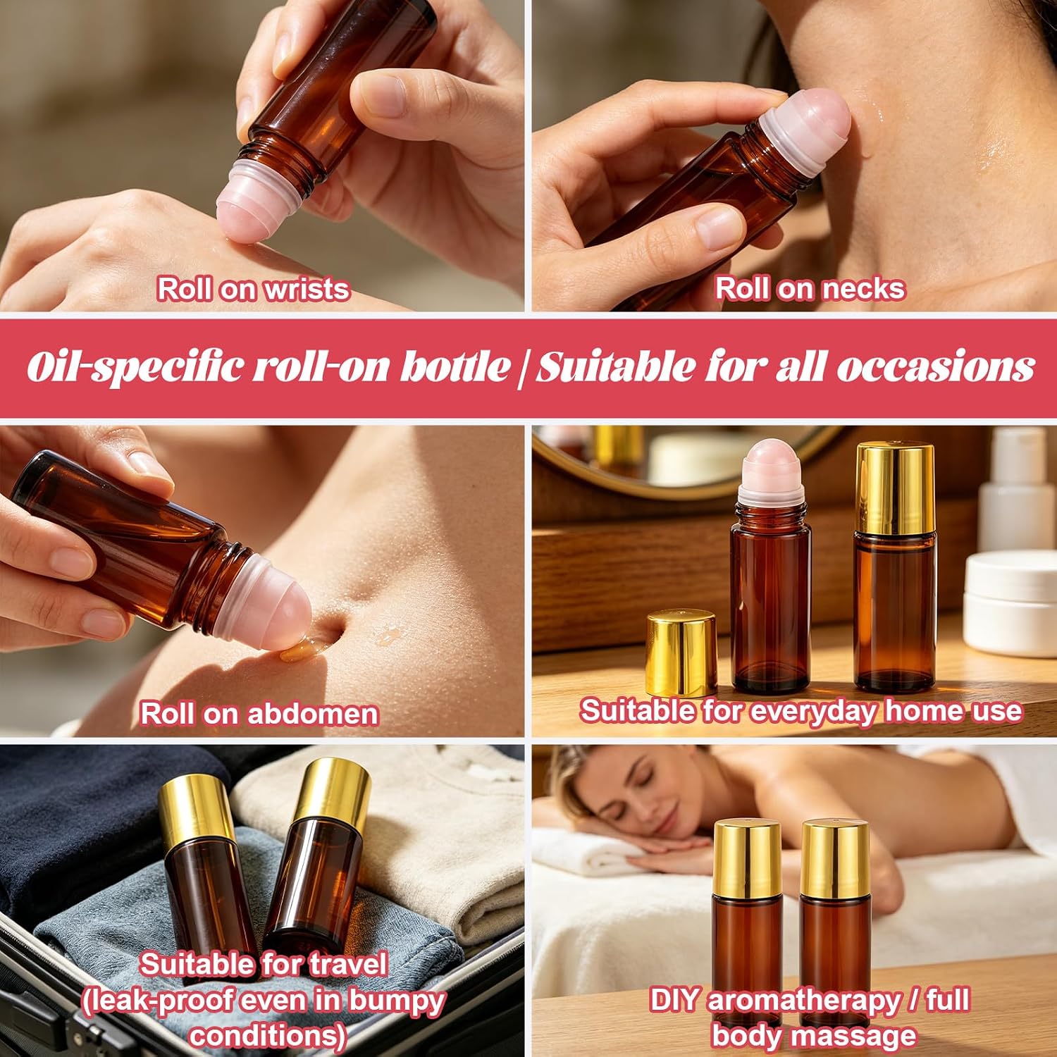 2pcs Rose Quartz Roller Bottles for Essential Oils, 50ml Refillable Amber Glass Roll On Bottles with Crystal Roller Applicator & Gold Cap Leak-Proof Empty Containers for Travel Perfume Beauty