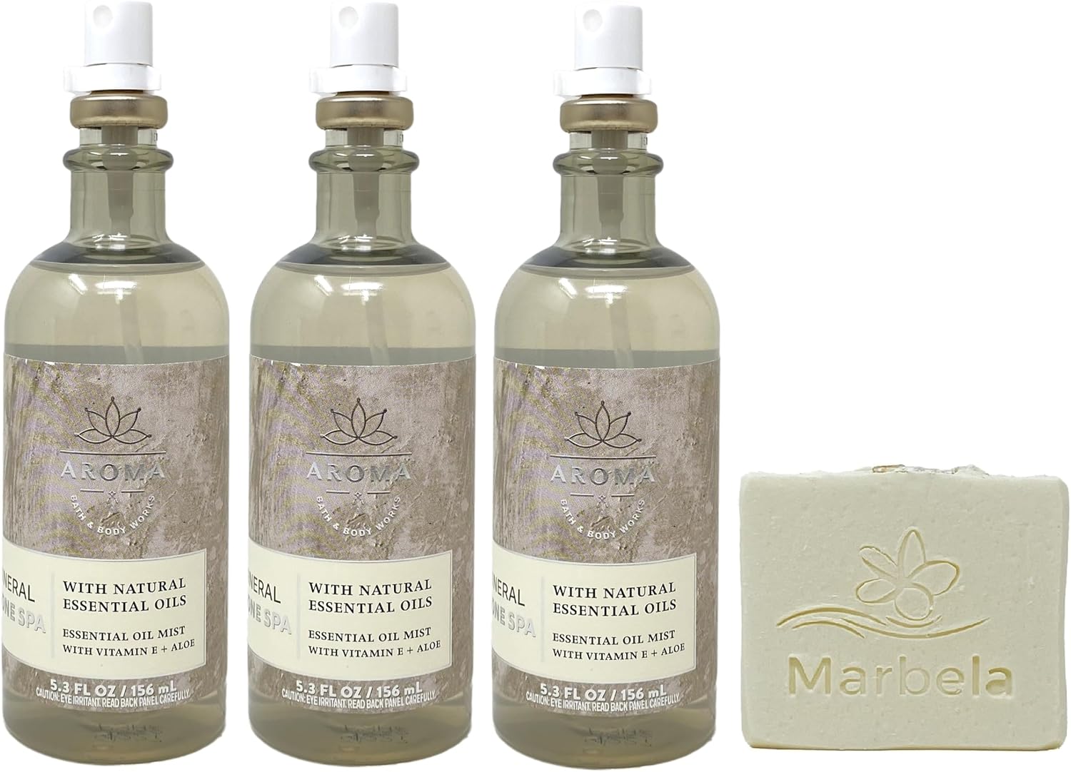 Bath & Body Works Aroma Mineral Stone Spa 3 Pack Essential Oil Mist Bundle with a Natural Oats Bar Soap - Full Size