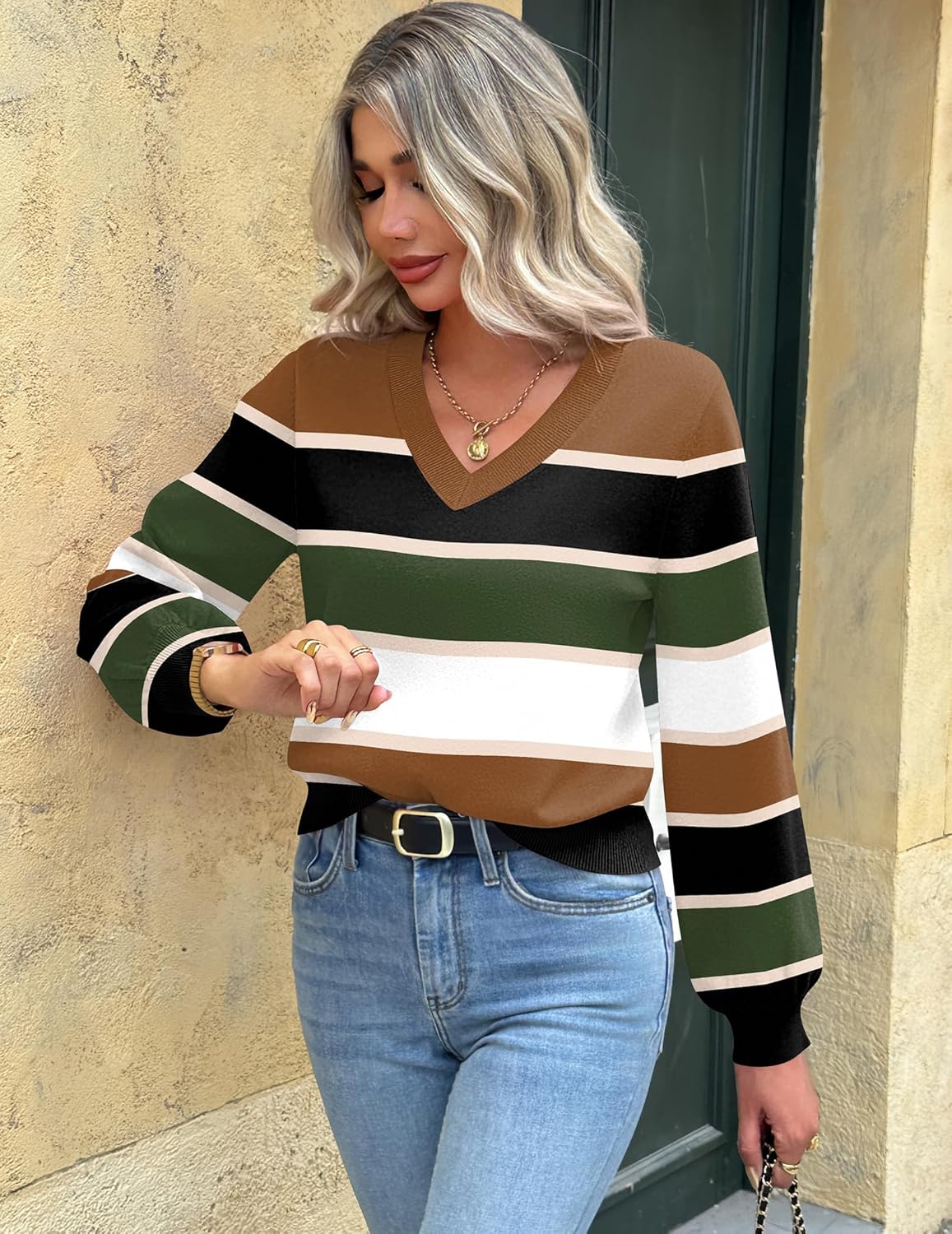 Zeagoo Women's 2025 Fall V-Neck Cropped Sweater Trendy Long Latern Sleeve Ribbed Knit Pullover Crop Tops - Image 3